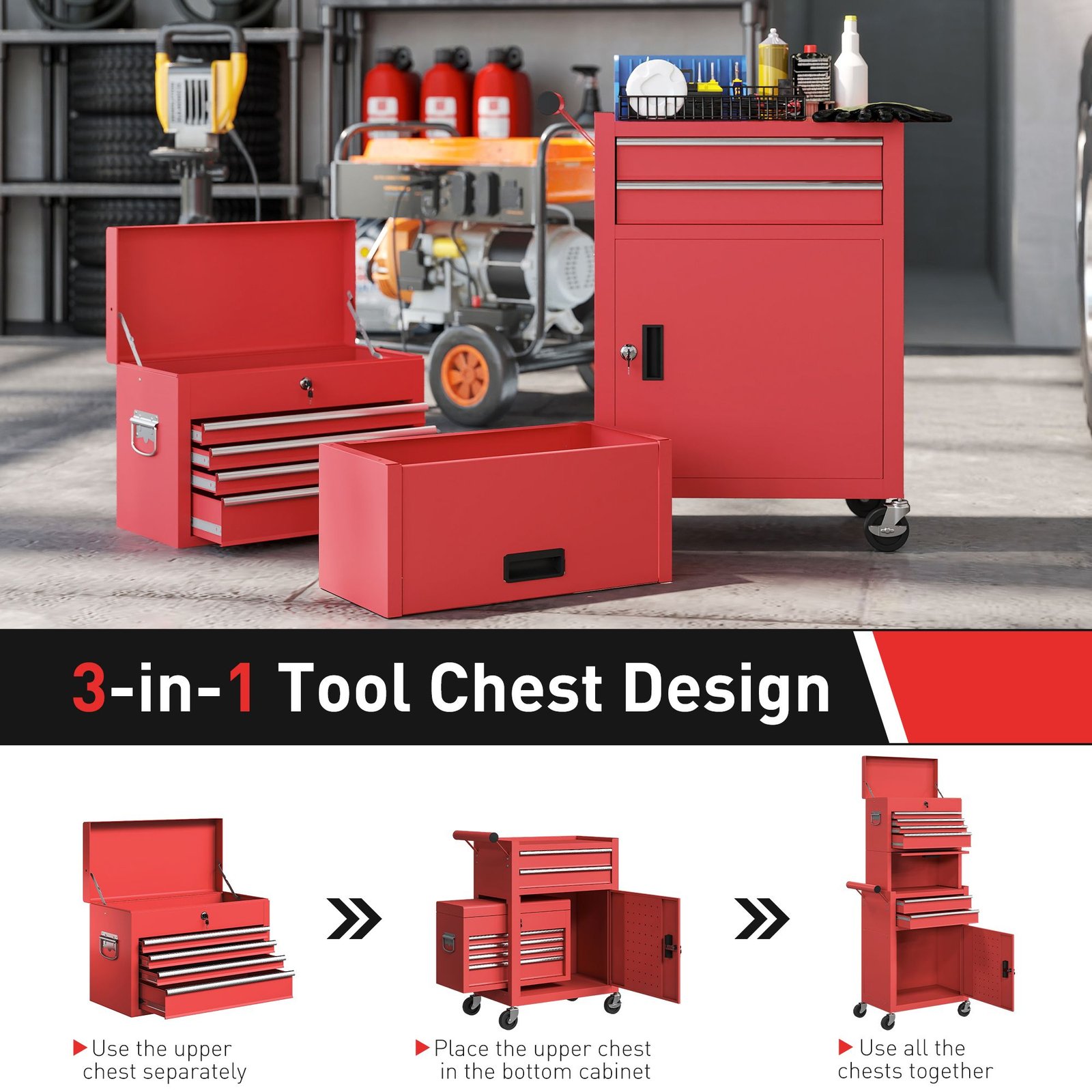 HOMCOM Three-Part Steel Locking Tool Chest - Red - Image 5