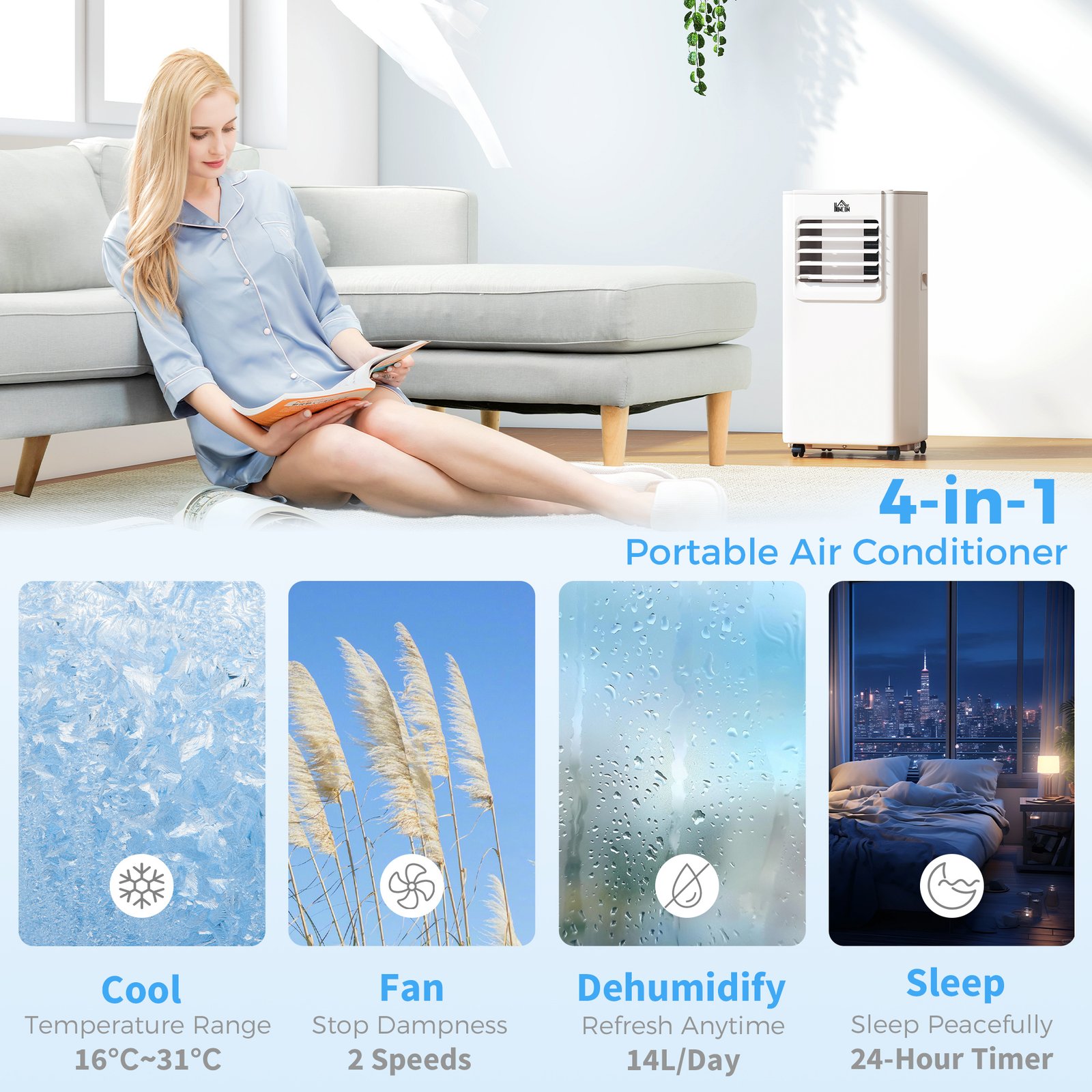 HOMCOM 5000 BTU Portable Air Conditioner, 4-in-1 Air Conditioning Unit, Dehumidifier, Cooling, Fan, Sleep Mode, with Remote Control, 2 Speeds, 24H Timer, Window Venting Kit, 12m² - Image 4
