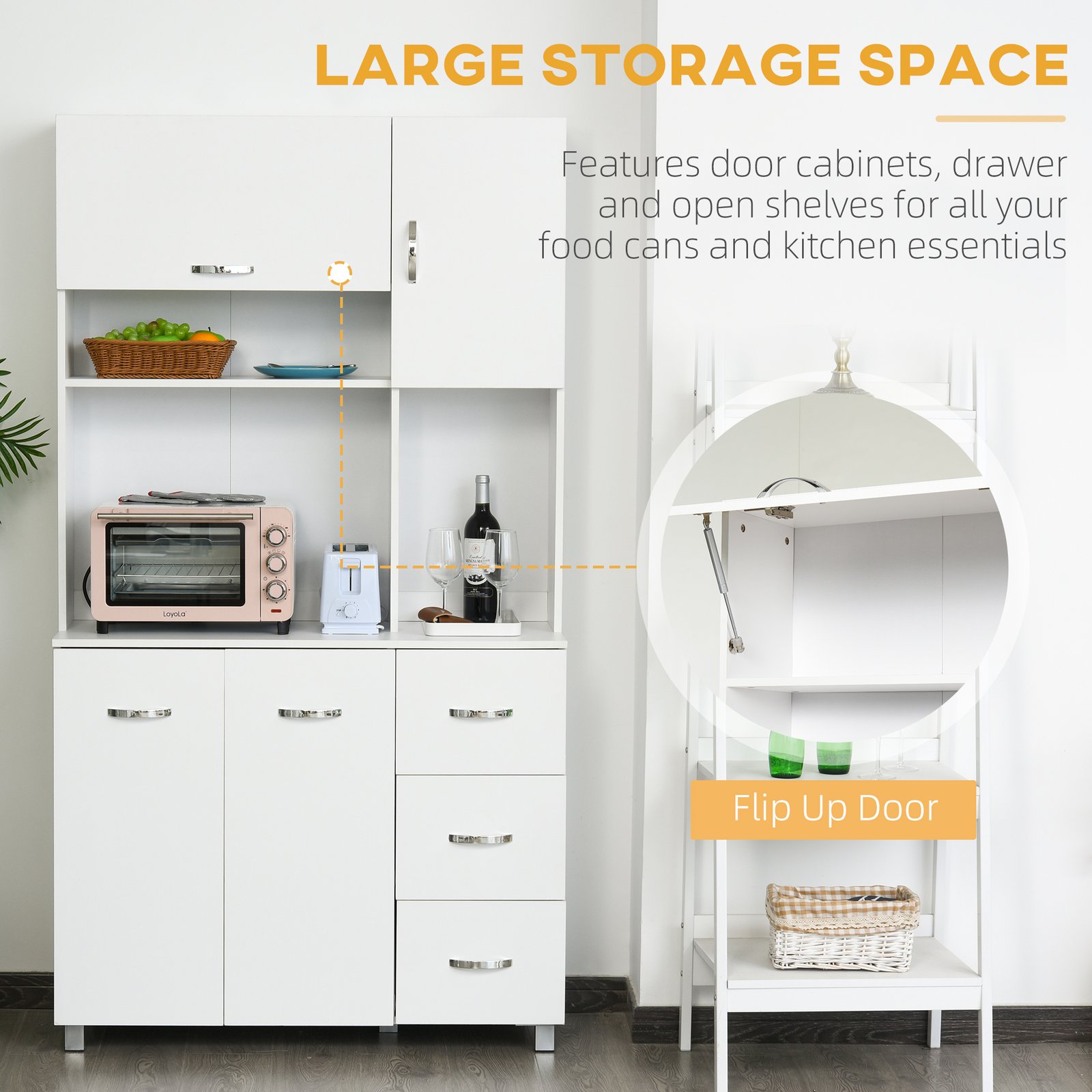 HOMCOM Kitchen Cupboard, 183cm Tall Storage Cabinet with Countertop, Sideboard with 3 Small Drawers, Flip Up Top Door, 3 Cabinet Doors and Open Shelves, 100W x 39.5D x 183.5H cm, White - Image 4