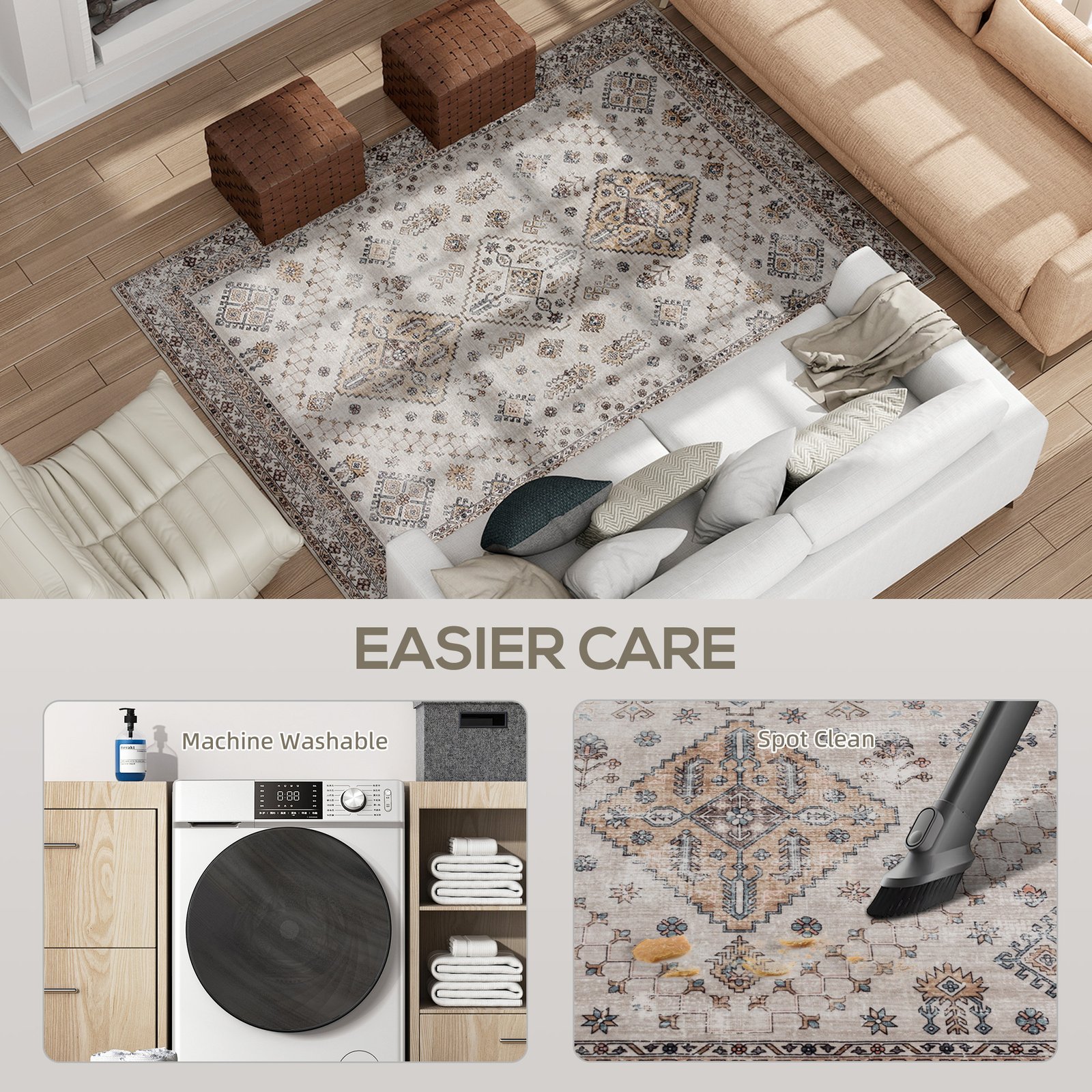 HOMCOM Vintage Area Rug, Non-Slip Washable Rug, Flannel Floor Carpet for Living Room, Bedroom, Dining Room, Home Office, 230 x 160 cm, Beige - Image 5