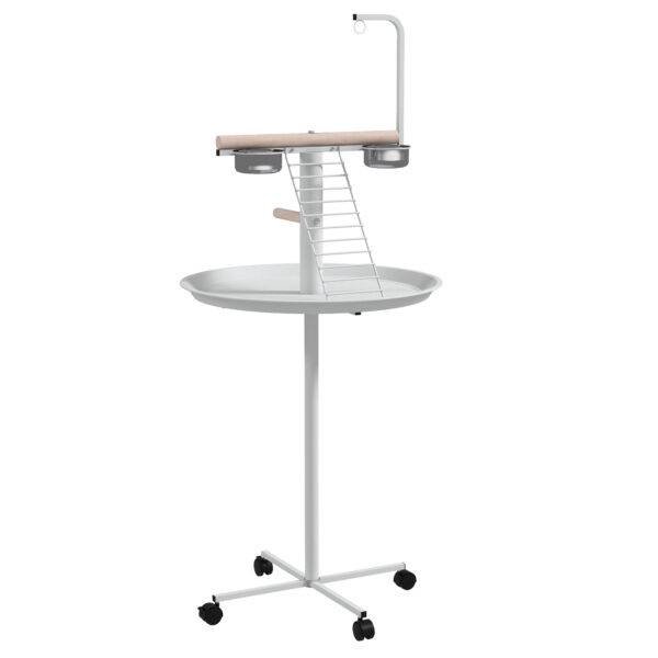 PawHut Bird Stand with Four Wheels, Perches, Stainless Steel Feed Bowls, Round Tray, for Garden, Indoor, Outdoor – White