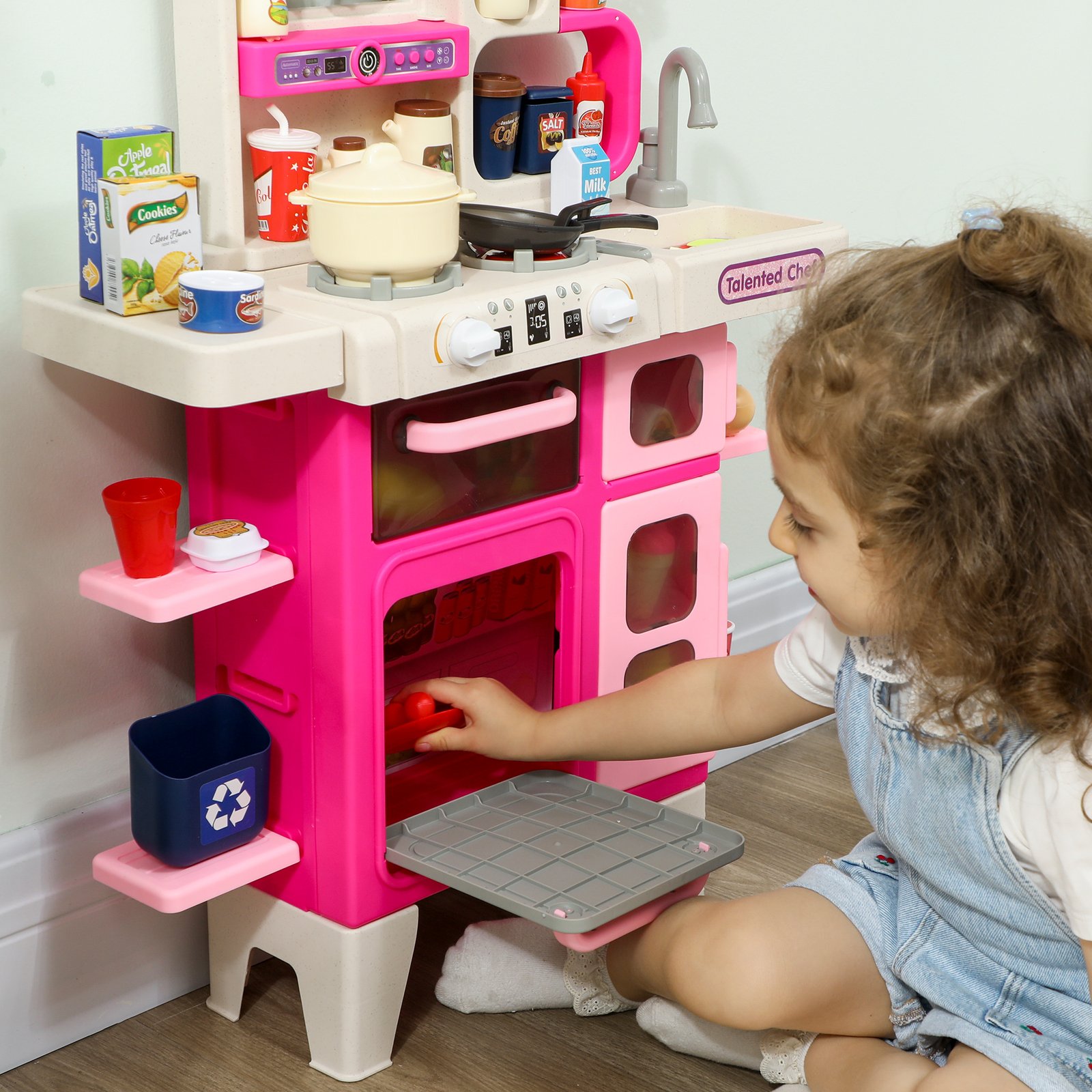 AIYAPLAY Pretend Play Kitchen Set with Realistic Lights & Sounds, 104PCS Toy Kitchen Accessories for Boys and Girls, Pink - Image 9