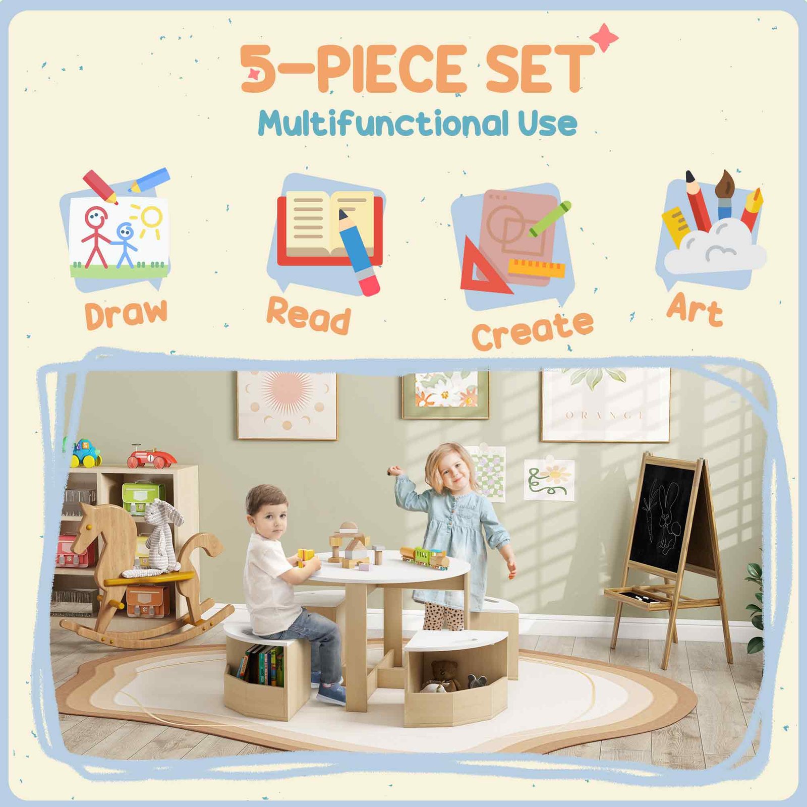AIYAPLAY Five-Piece Kids Table and Chairs Set with Storage, for Ages 3-8 Years, White - Image 4