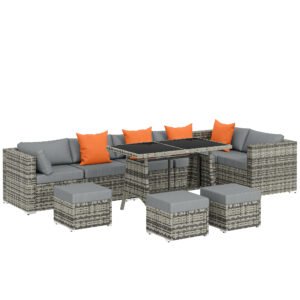 Outsunny 10 Piece Rattan Garden Furniture Set, 2 Corner Sofas with 4 Chairs, 4 Stools and Coffee Table, Outdoor Patio Furniture