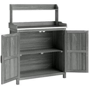 Outsunny Wooden Potting Bench Table with Aluminium Worktop, Outdoor Garden Workbench with Top Shelf and Cabinet Storage