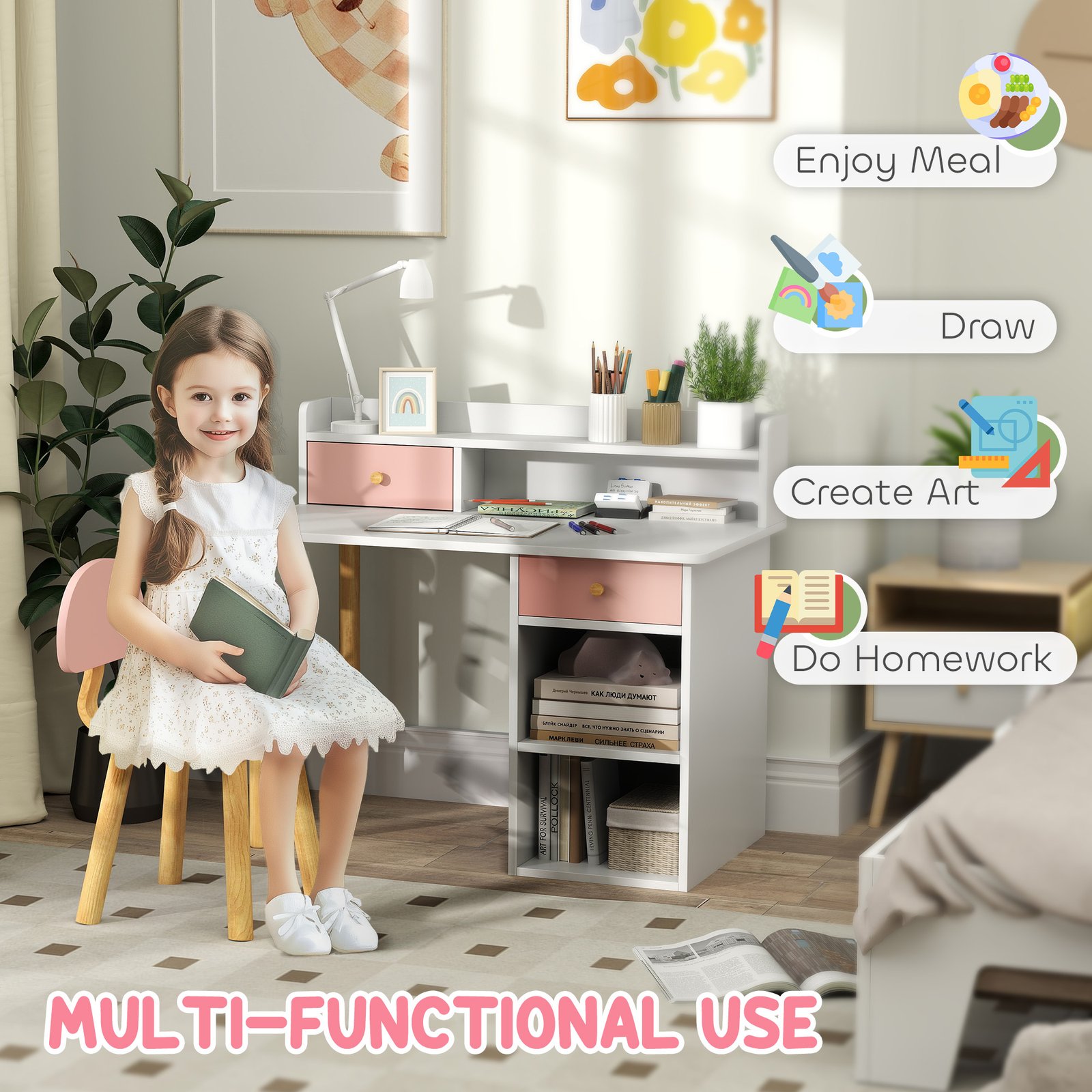 AIYAPLAY 2 Pieces Children Study Table with Hutch, Kids Desk and Chair Set with Storage, Drawer, Shelves, Pink - Image 4
