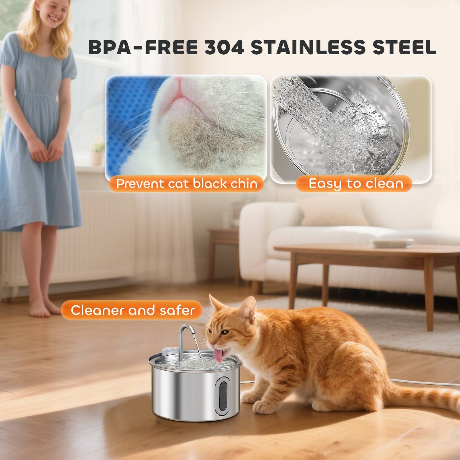 PawHut 2.5L Stainless Steel Cat Water Fountain for Drinking with Ultra-Silent Pump, Water-Level Window, 7 Filters - Image 4