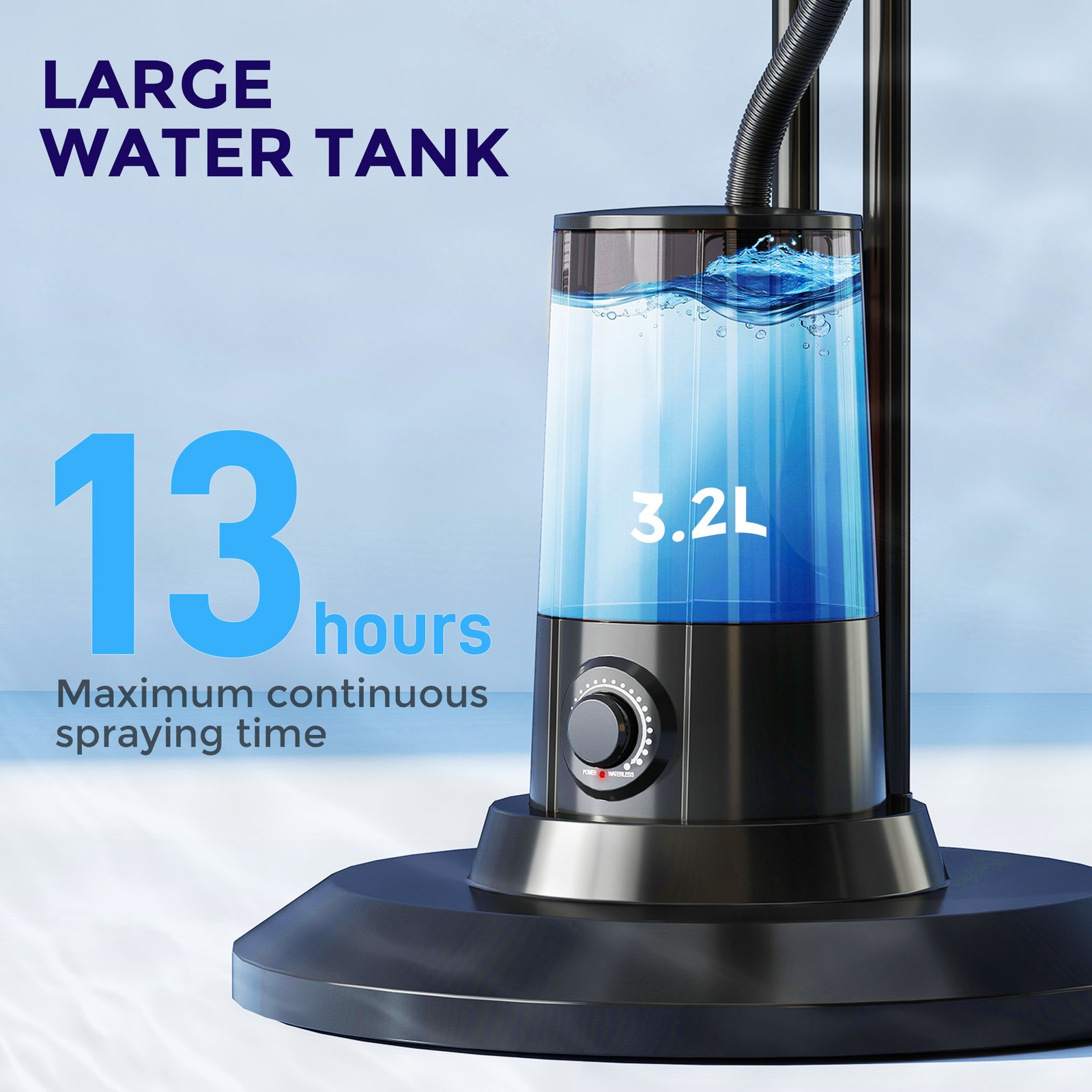 HOMCOM Pedestal Fan with Water Mist Spray, Spray Misting Fan with 70° Oscillation, Tilt Head, 3 Speeds, 3 Modes, Adjustable Mist, 3.2L Water Tank, for Home, 120 cm - Image 8