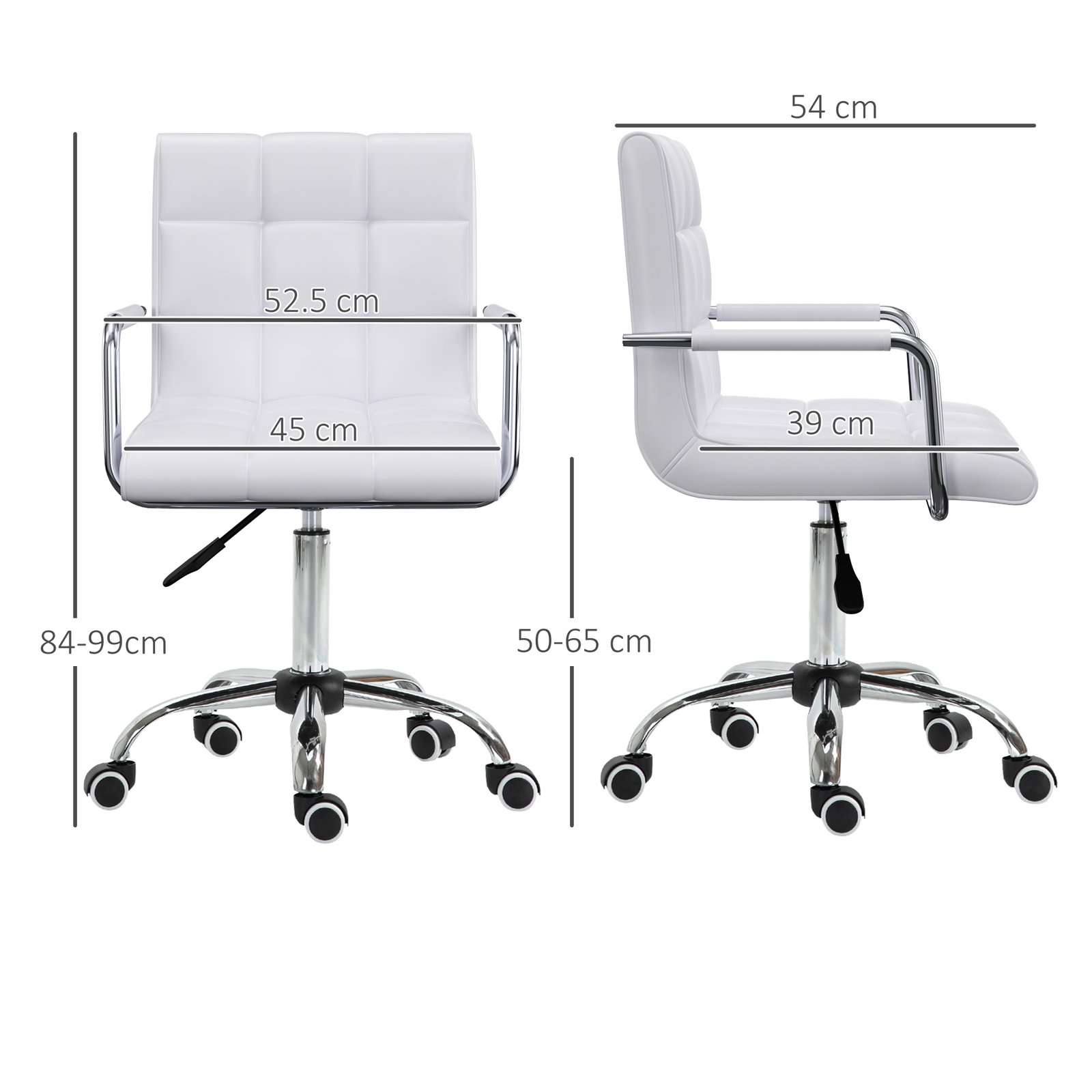 Vinsetto Makeup Vanity Chair, PU Leather Mid Back Office Chair with Adjustable Height, Armrest and Rolling Wheels, White - Image 3