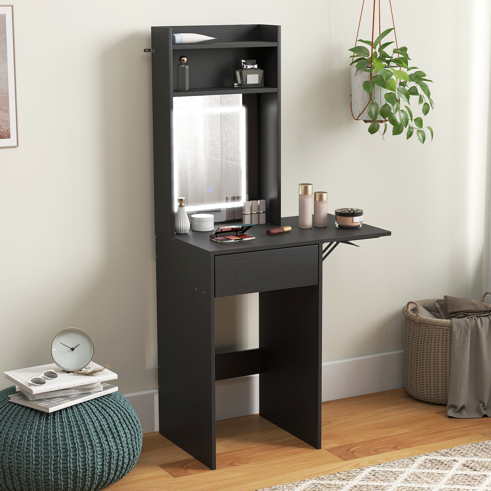 HOMCOM Small Vanity Desk with Mirror and LED Lights, Compact Dressing Table with Drop Leaf, Open Shelves and Drawer, Black - Image 8
