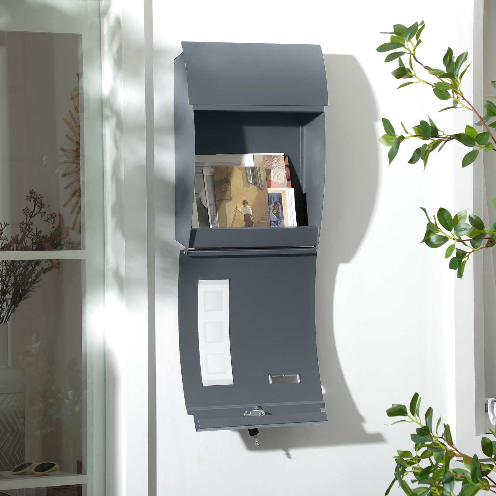 HOMCOM Wall Mounted Letter Box, Weatherproof Post Box for Outside Wall, Modern Mailbox with 2 Keys and Nameplate, Anthracite Grey - Image 7