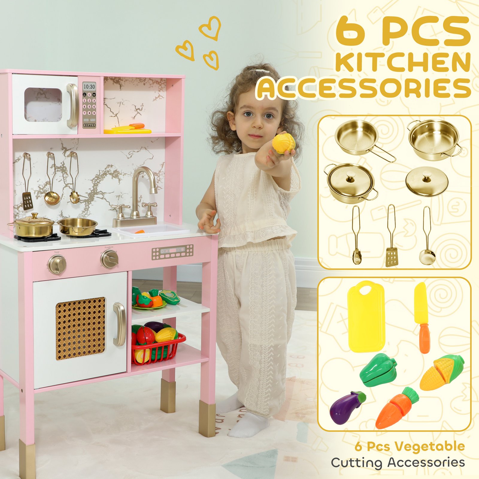 AIYAPLAY Kitchen Playset with Pretend Play Cooking Accessories, Play Kitchen with Oven, Microwave and Sink, Pink - Image 6