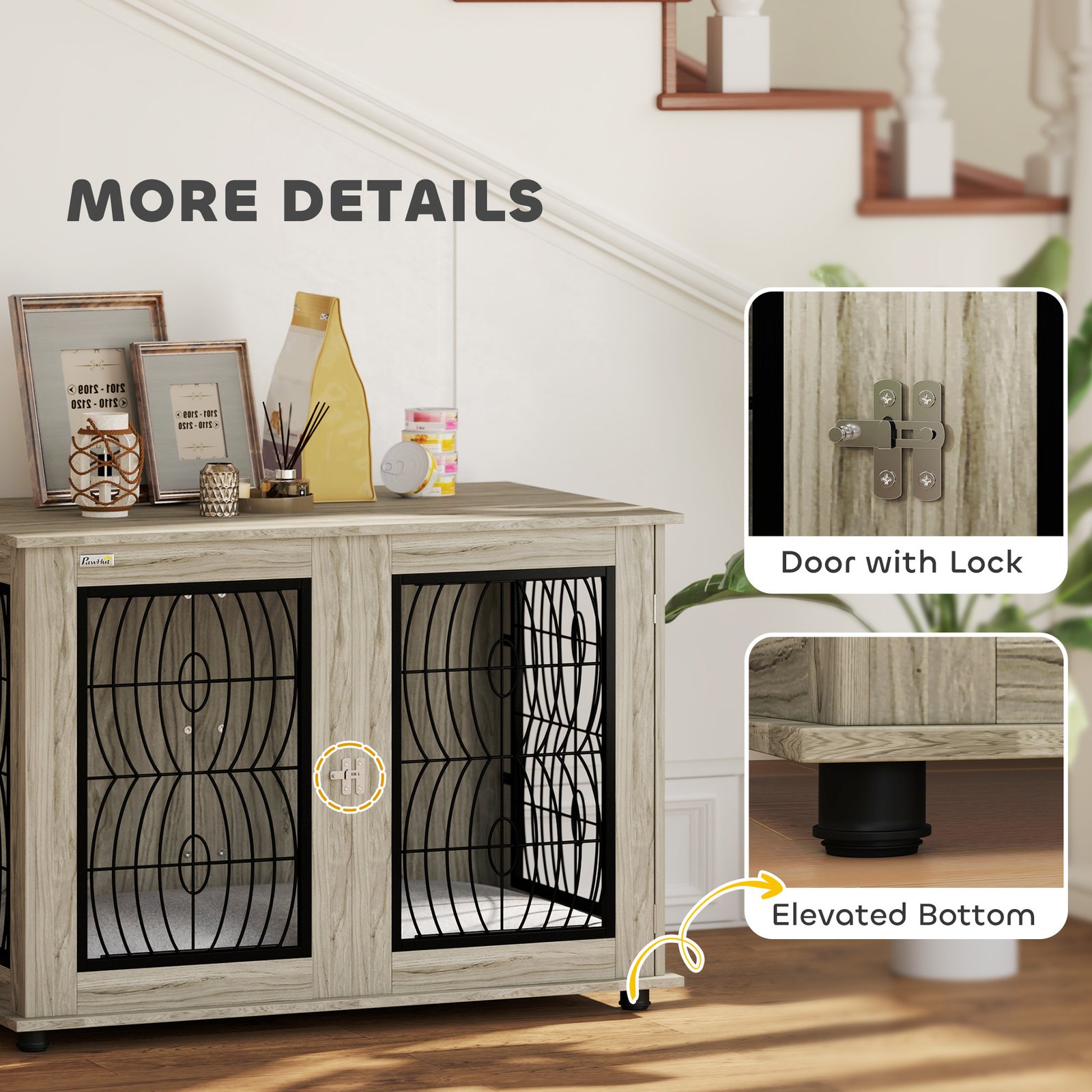 PawHut 46.46'' Dog Crate Furniture Table with Soft Washable Cushion and Lockable Door, for Large Indoor Dogs, Grey - Image 8