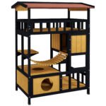 PawHut Outdoor Cat Shelter, Four-Tier Wooden Feral Cat House, with Suspension Bridge, Cat Houses, Balcony, Escape Doors
