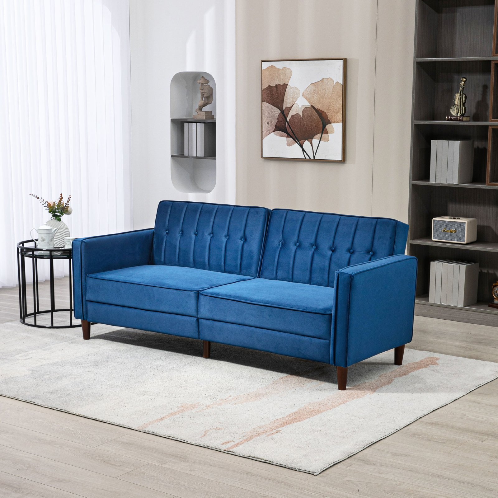 HOMCOM Velvet-Feel Three-Seater Sofa Bed - Blue - Image 2