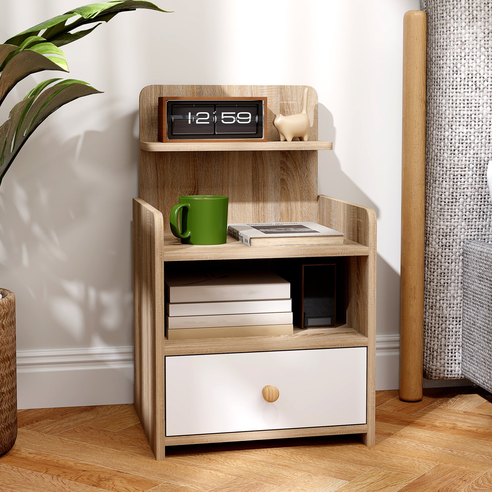 HOMCOM Multi-Storage Bedside Table - White/Wood-Effect - Image 6