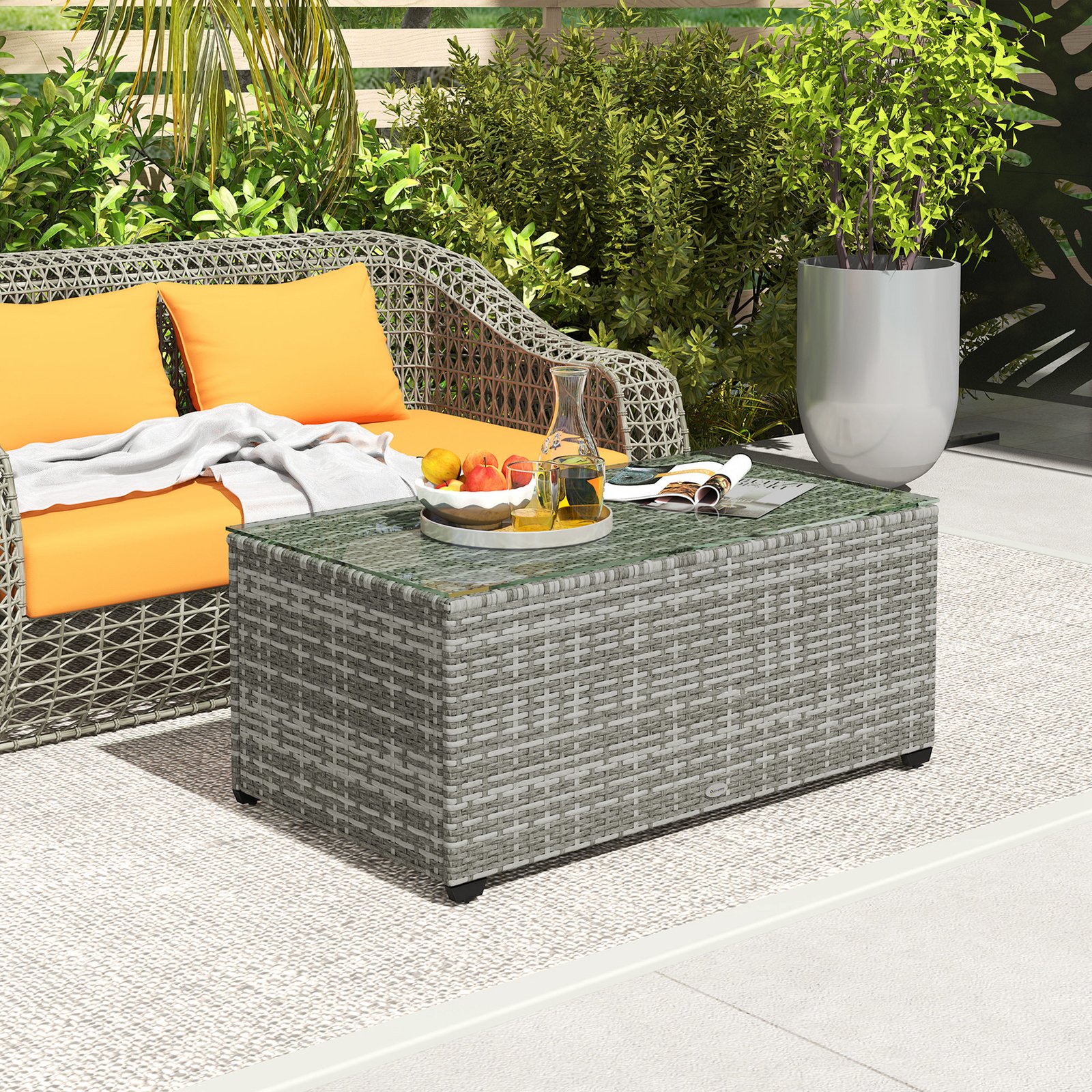 Outsunny 90 x 50cm Glass-Top Rattan Side Table - Light Grey - Image 2