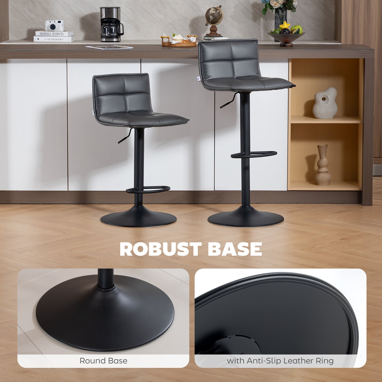 HOMCOM Set of Two Modern Faux Leather Bar Stools - Dark Grey - Image 7