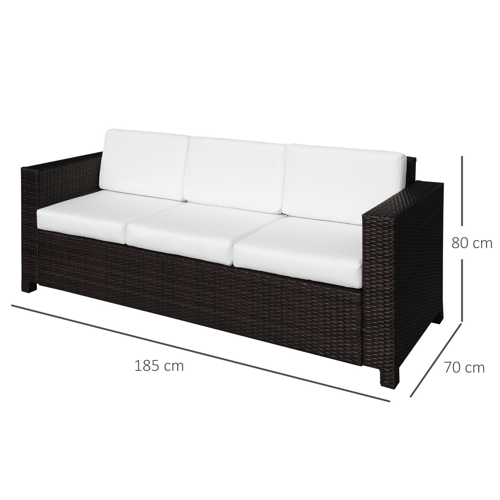 Outsunny 3 Seater Rattan Sofa, All-Weather Wicker Weave Metal Frame Chair with Fire Resistant Cushion, Brown - Image 3