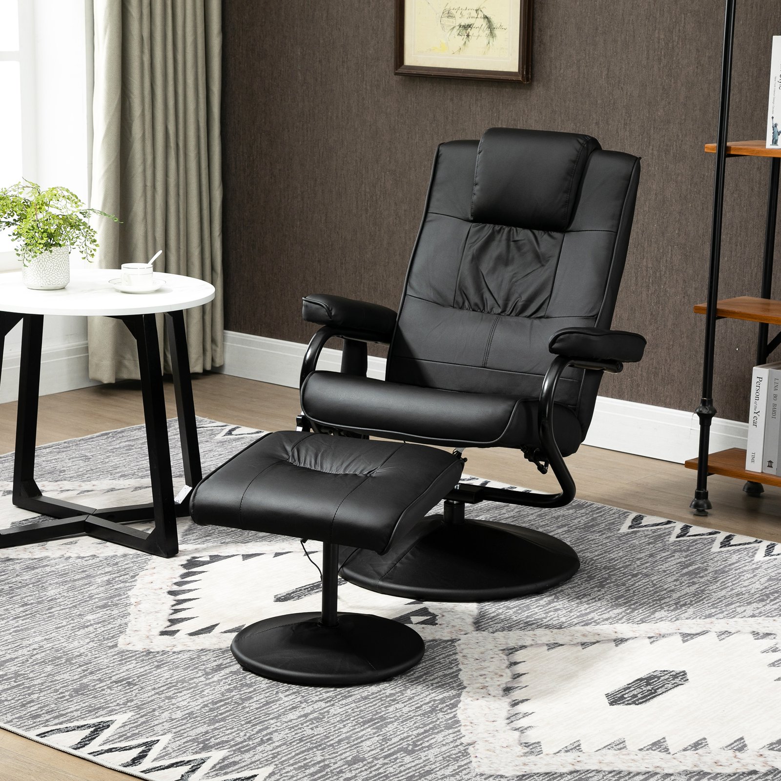 HOMCOM Swivel Recliner Chair and Footstool, Faux Leather Massage Recliner Armchair with Remote Control and Round Wrapped Base, Black - Image 2