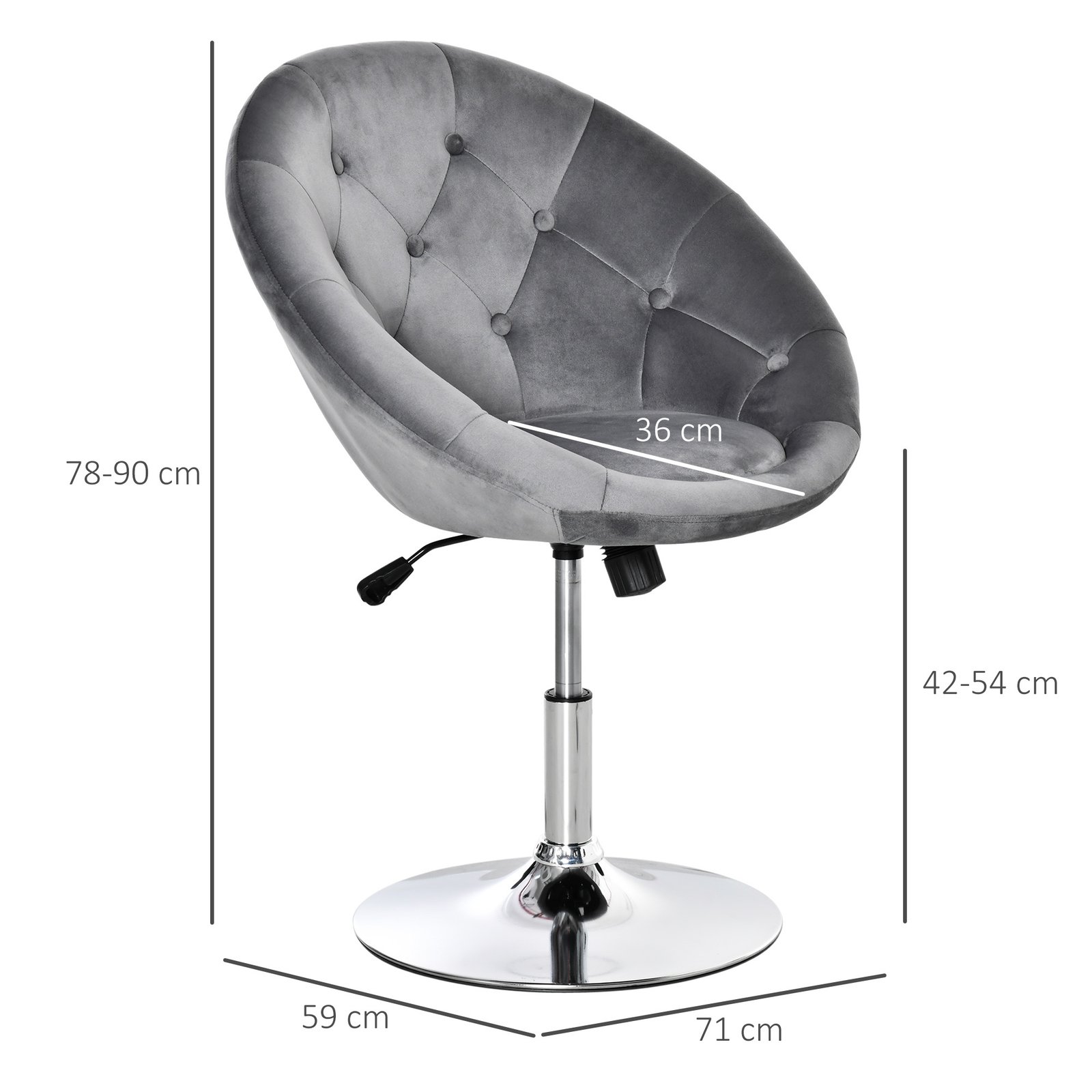 HOMCOM Swivel Dressing Stool, Velvet-feel Upholstered Vanity Chair, Adjustable Height Tub Makeup Chair with Button Tufting and Thick Padding for Bedroom, Grey - Image 3