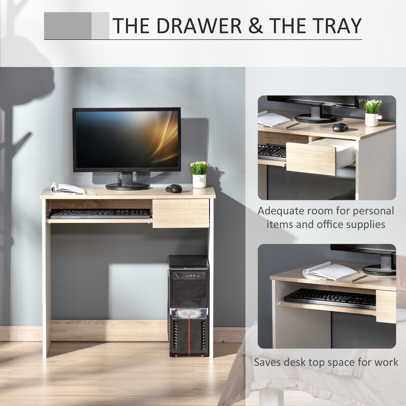 HOMCOM 80cm Compact Computer Desk with Keyboard Tray, Home Office Desk with Drawer for Bedroom Study, Oak - Image 4