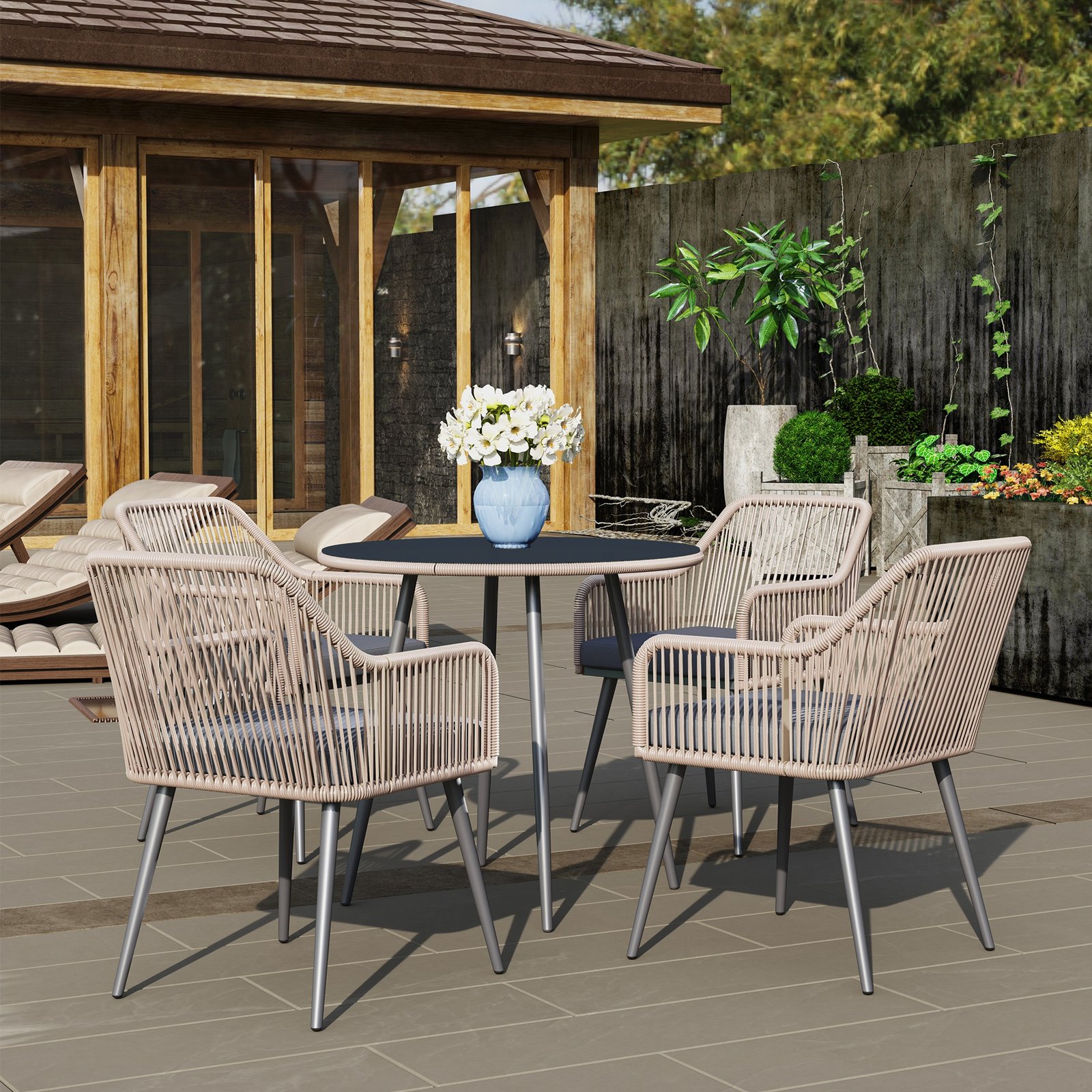 Outsunny 4 Seater Rattan Dining Set, Rattan Garden Furniture Set with Parasol Hole, Outdoor Dining Table and Chairs Set with Cushions, Round Glass Top Table for Patio, Balcony, Light Brown - Image 9