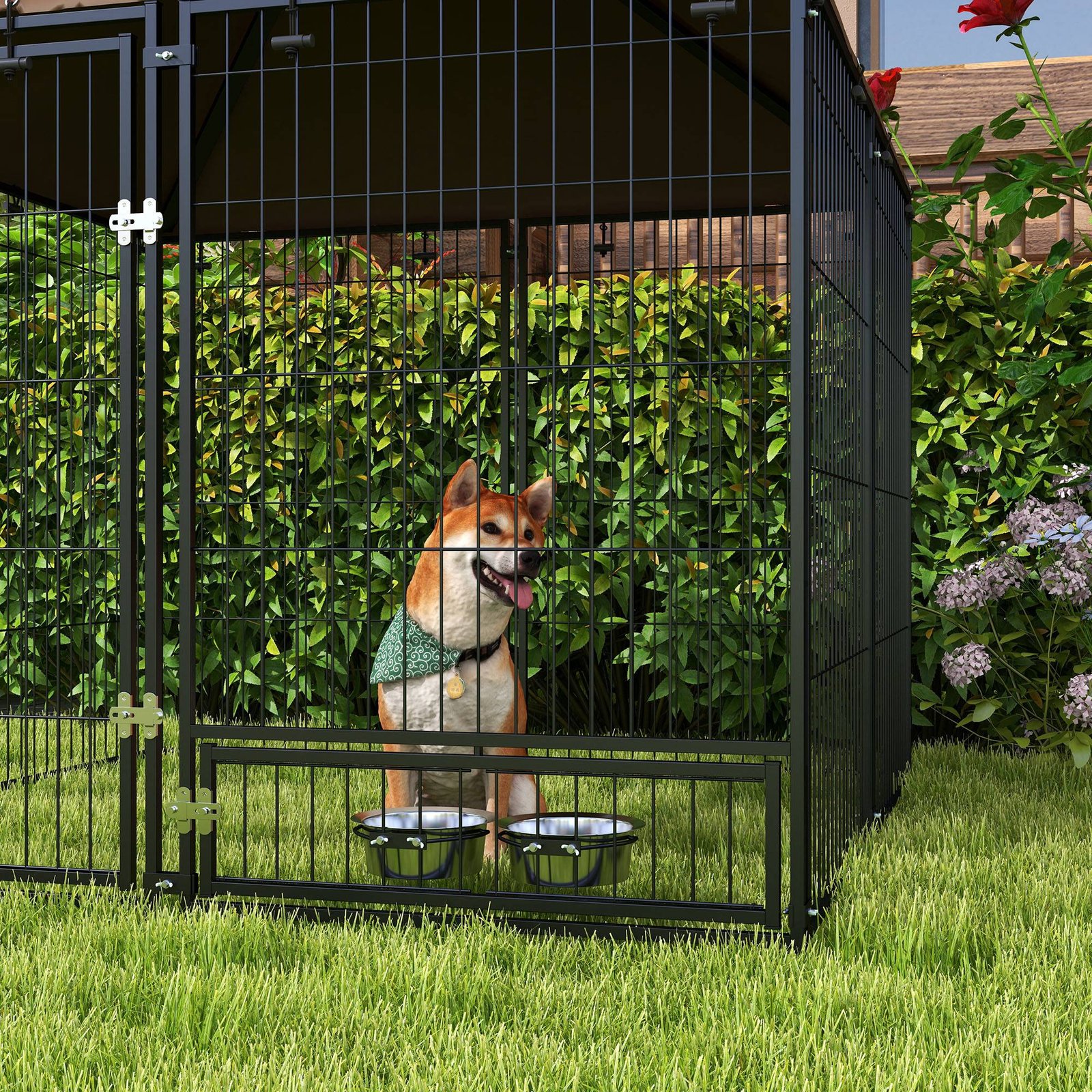 PawHut Outdoor Dog Kennel Puppy Play Pen with Canopy Garden Playpen Fence Crate Enclosure Cage Rotating Bowl 141 x 141 x 151 cm - Image 9