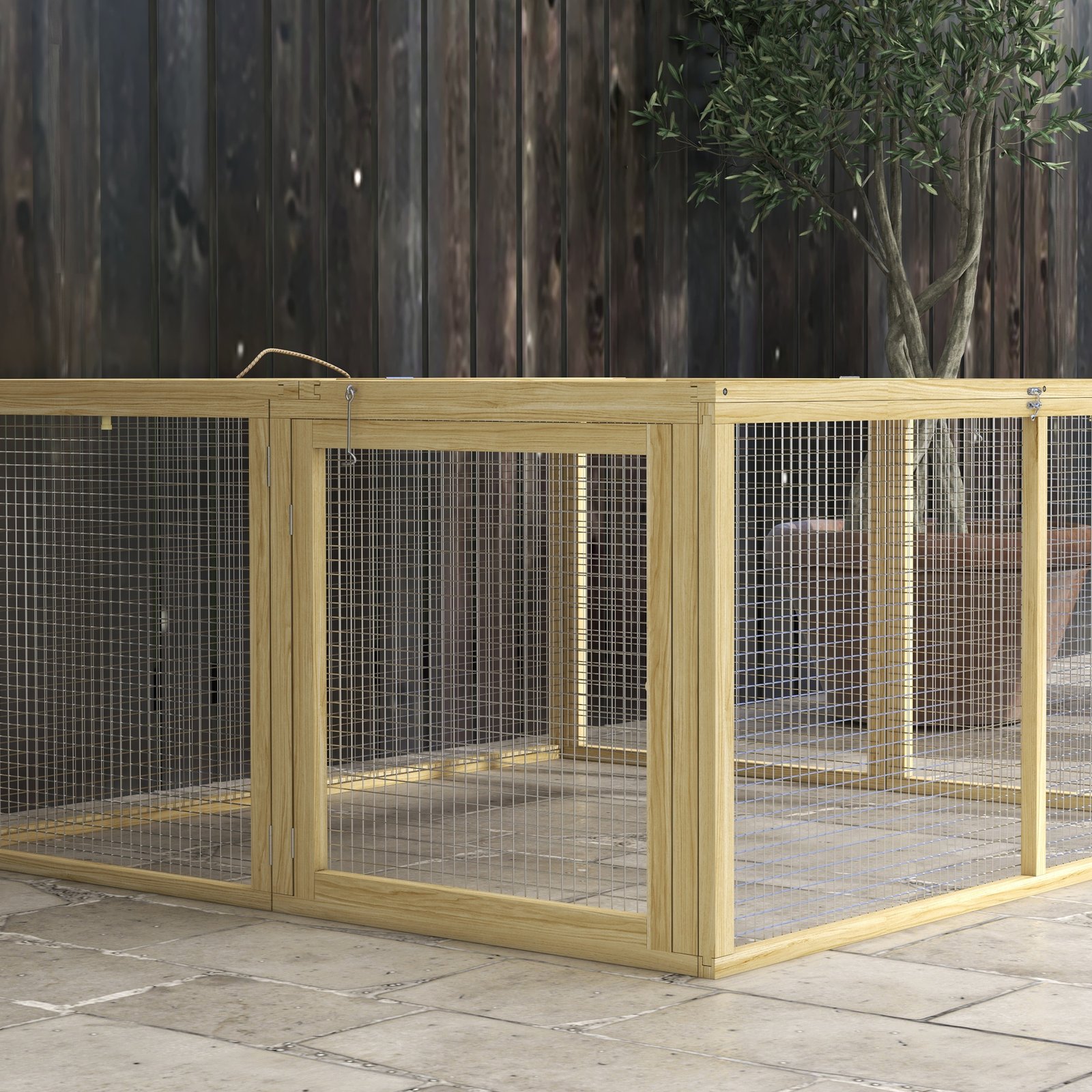 PawHut Wooden Folding Rabbit Hutch, for 2-3 Rabbits - Natural Wood - Image 8