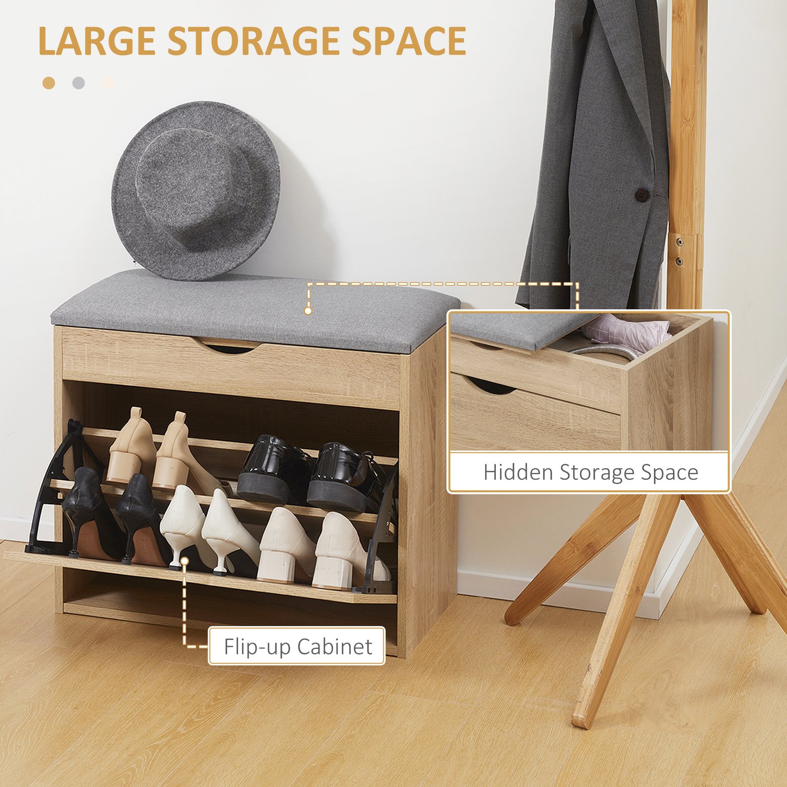 HOMCOM Shoe Bench with Cushion for 4 Pair of Shoes, Storage Bench with Padded Seat, Flip-up Cabinet and Hidden Space for Entryway, Natural - Image 4