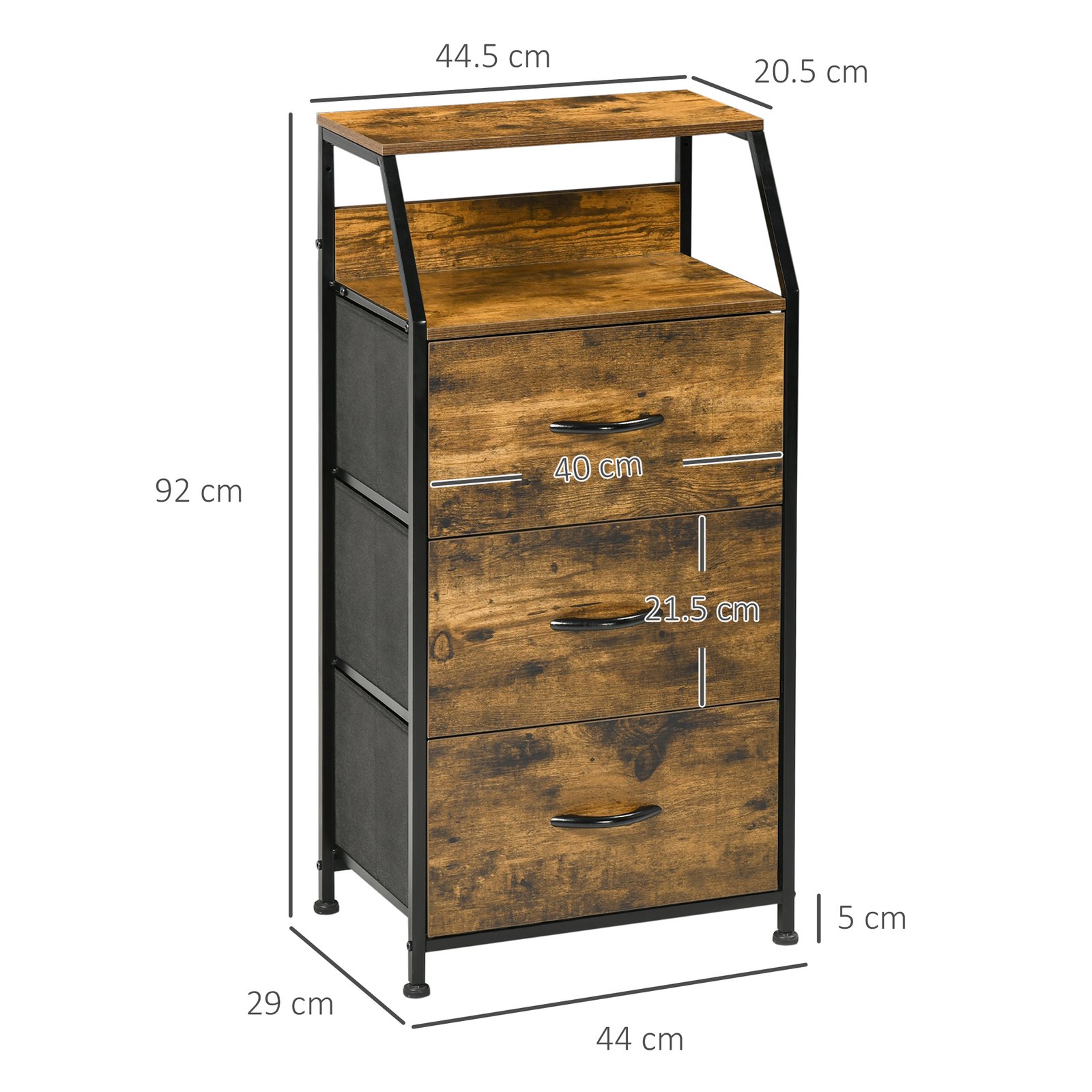 HOMCOM Industrial Storage Cabinet, Fabric Chest of Drawers with Display Shelves, 3 Drawers Storage Unit for Living Room, Rustic Brown - Image 3