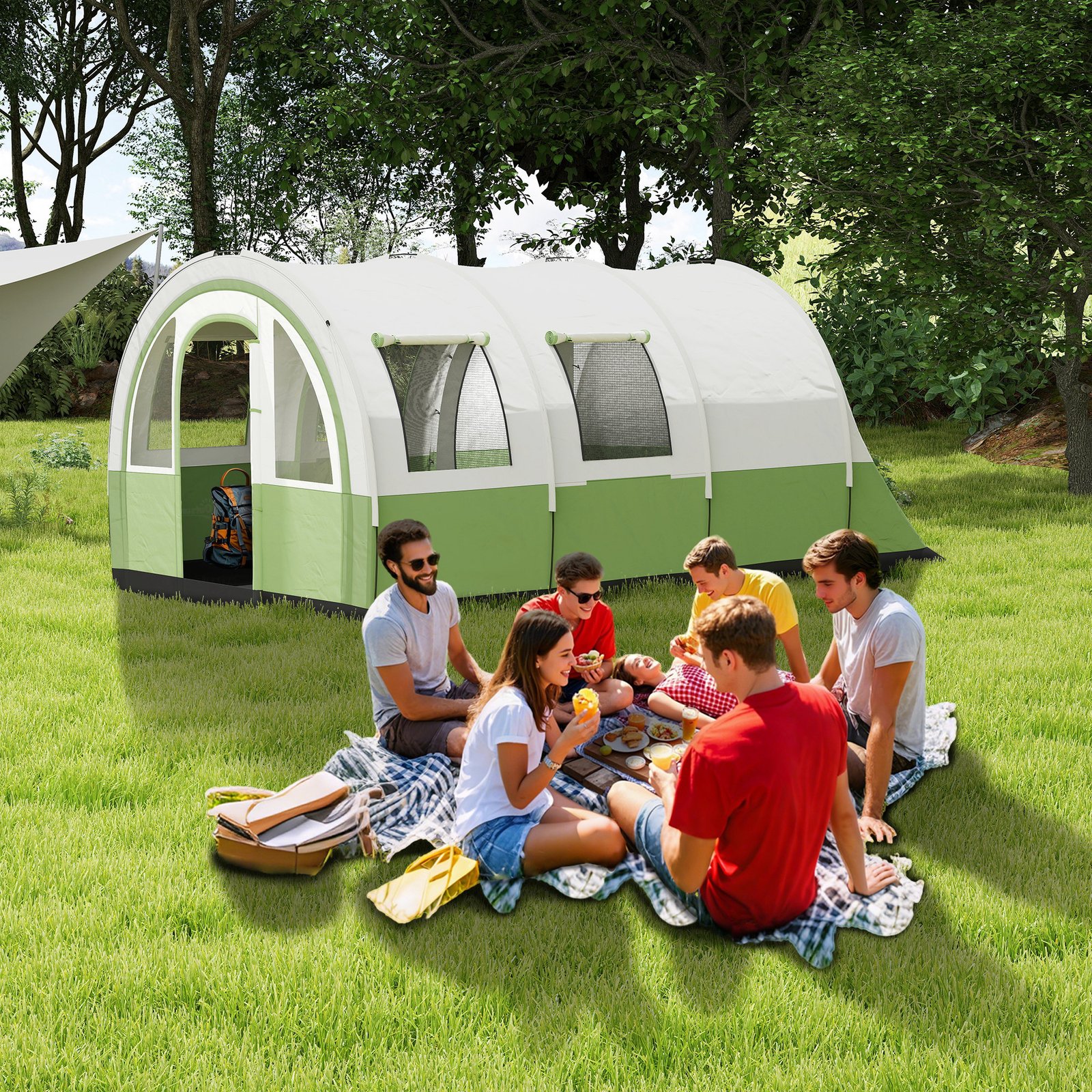 Outsunny 3000mm Waterproof Camping Tent, 5-6 Man Family Tent with Living and Bedroom, Carry Bag Included, Cream and Green - Image 2