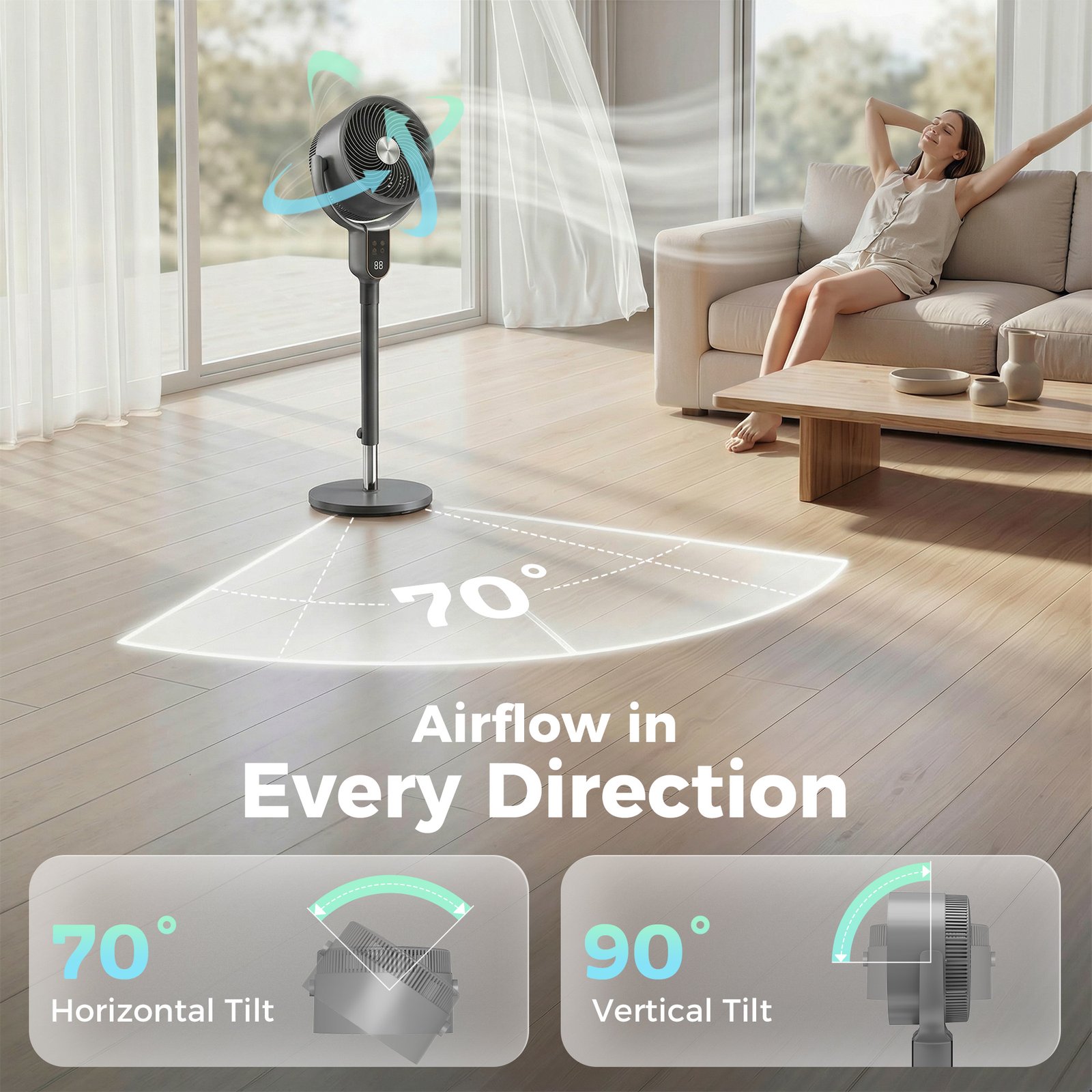 HOMCOM 20 dB Silent Standing Fan for Bedroom, 42" Pedestal Fan with Remote, 90° Oscillating, 8 Speeds, Remote Control, Grey - Image 6