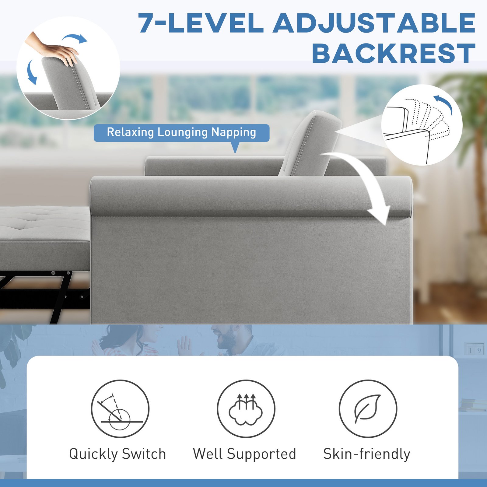 HOMCOM Two-Seater Velvet-Feel Sofa Bed - Grey - Image 5