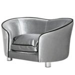 PawHut Dog Sofa Pet Chair, Kitten Bed Couch w/ Wooden Frame, Removable Cushion – Silver-Tone and Grey