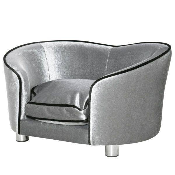 PawHut Dog Sofa Pet Chair, Kitten Bed Couch w/ Wooden Frame, Removable Cushion – Silver-Tone and Grey