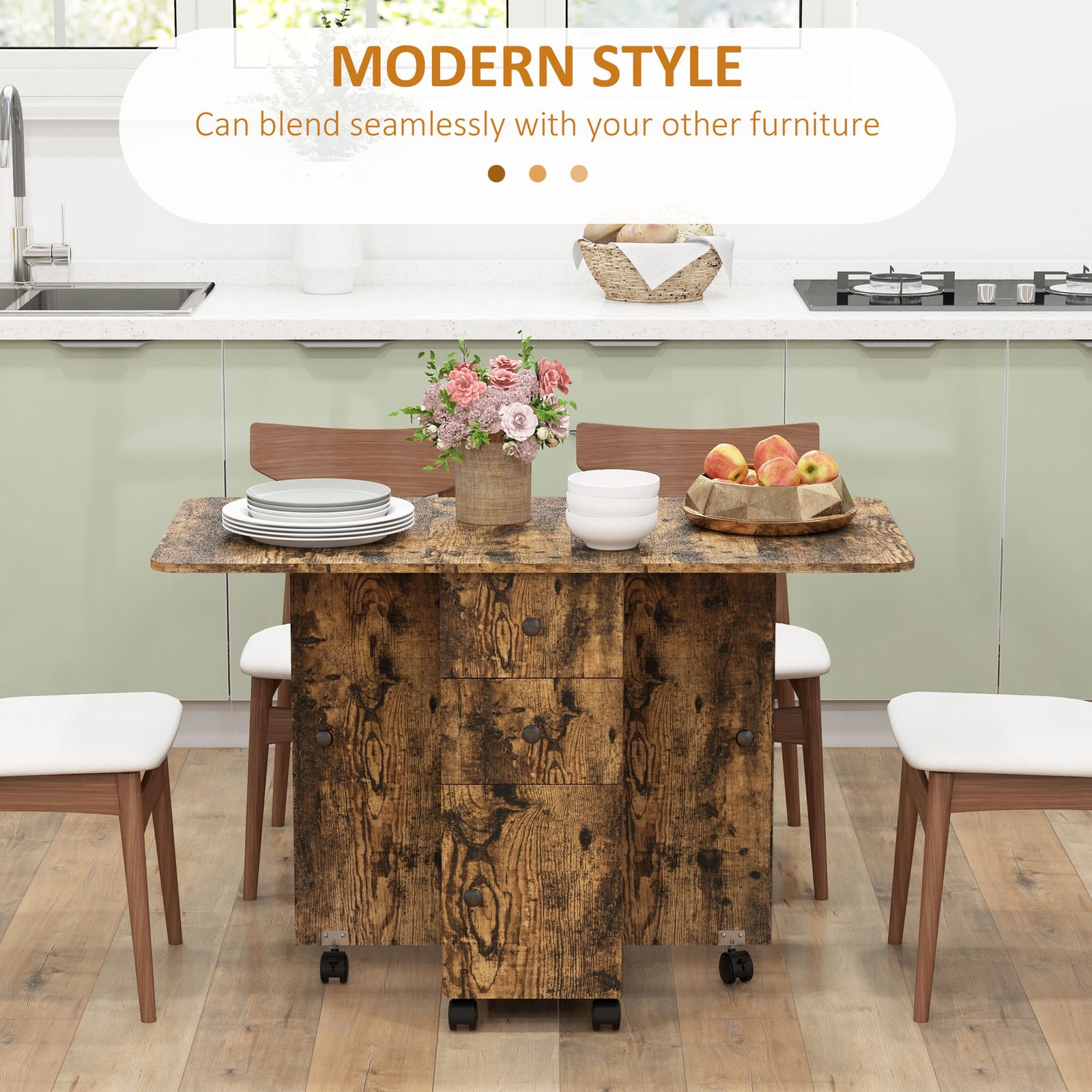 HOMCOM Multi-Storage Six-Person Drop Leaf Dining Table - Rustic Brown - Image 4