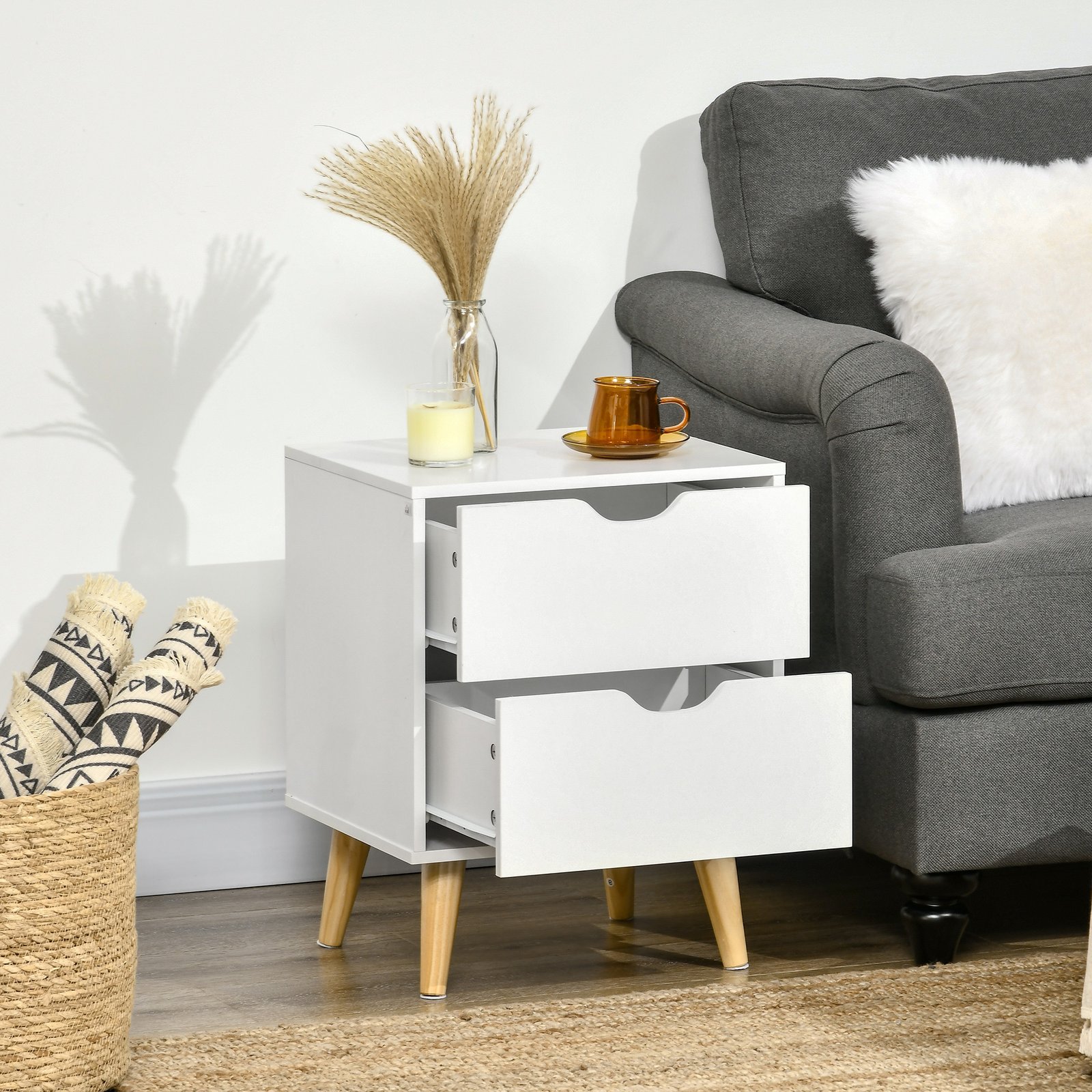HOMCOM Bedside Table, Bedside Cabinet with 2 Drawers, Side End Table with Pine Wood Legs for Bedroom Living Room, White - Image 9