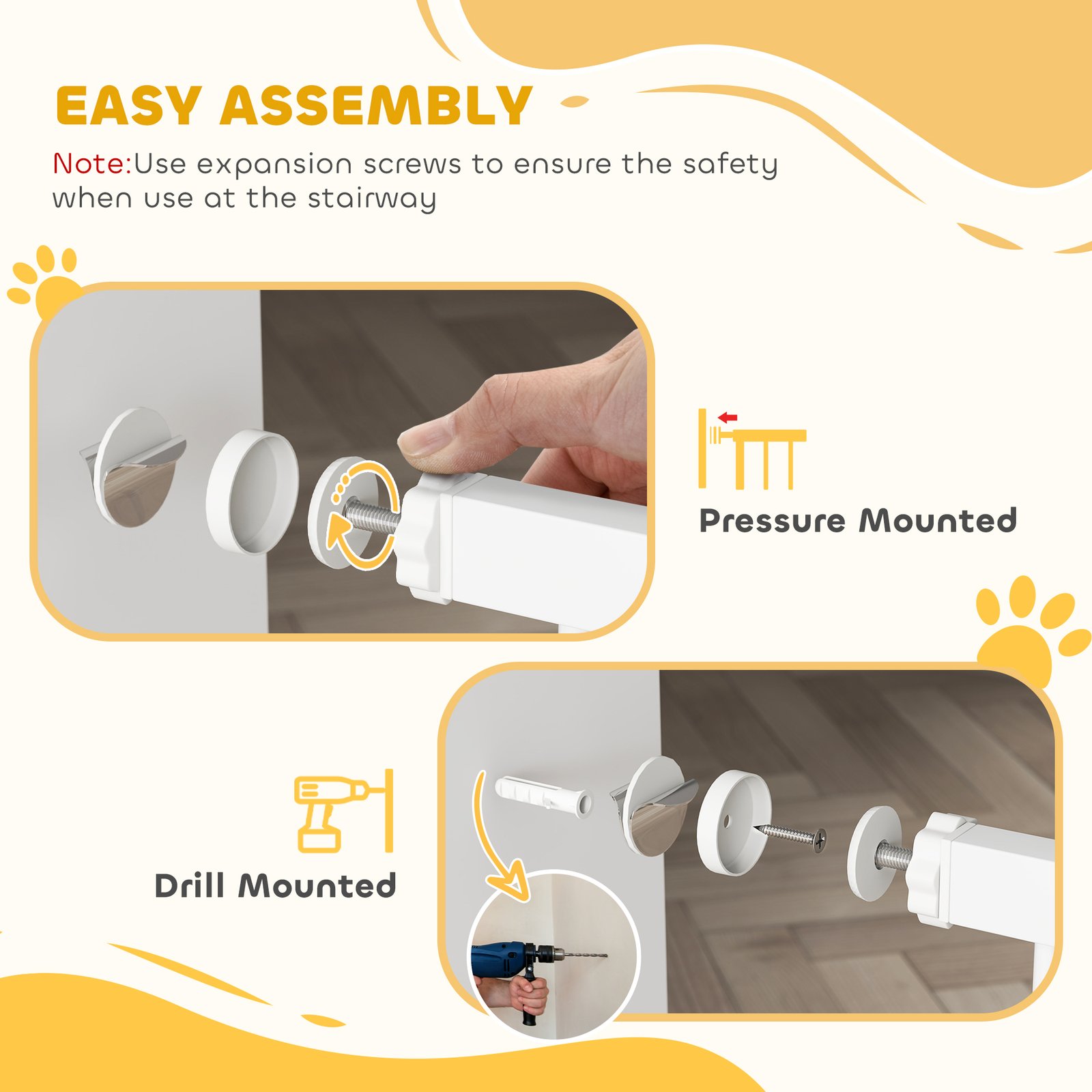 PawHut Metal 74-87cm Adjustable Pet Gate Safety Barrier w/ Auto-Close Door White - Image 7