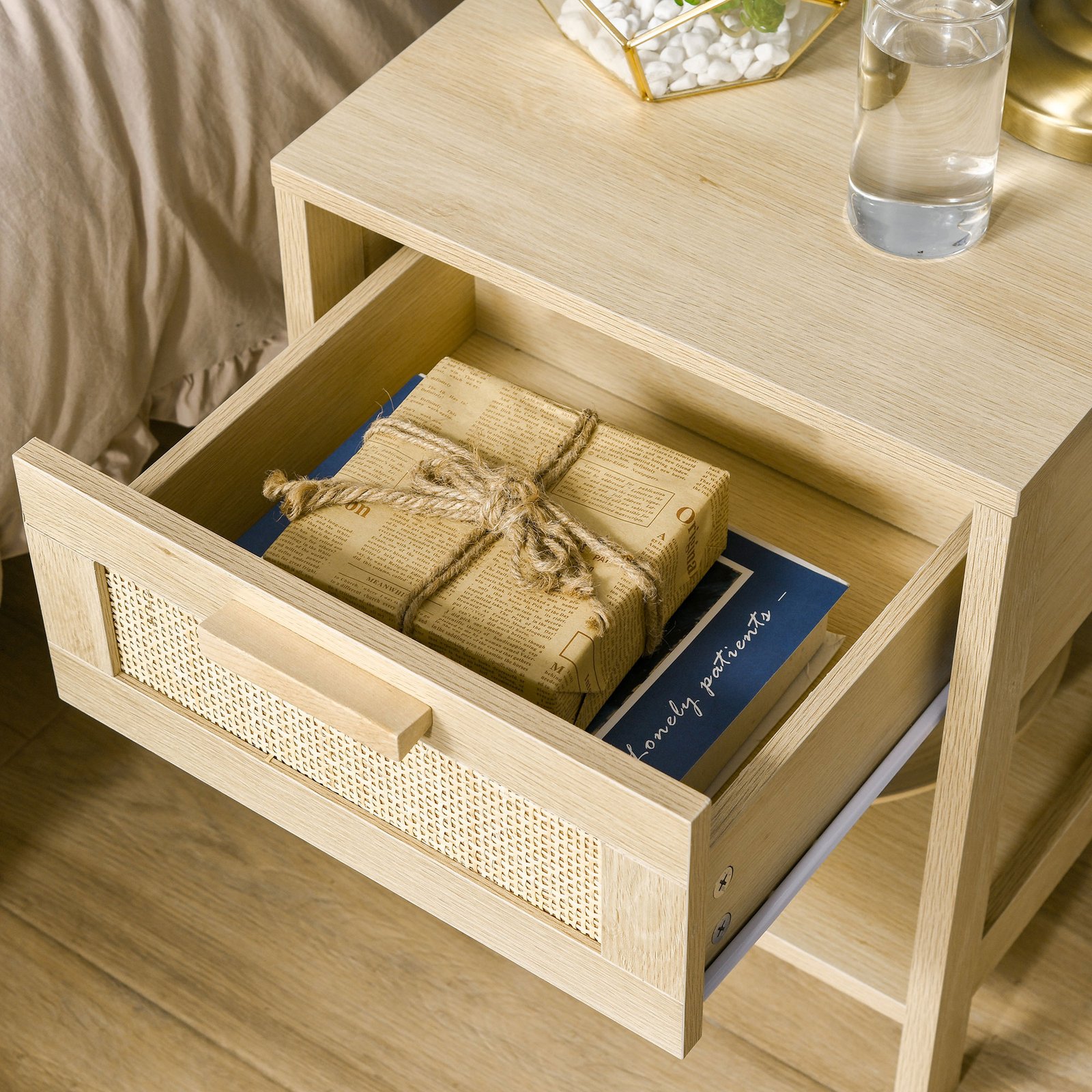 HOMCOM Bedside Table, Nightstand with Rattan Drawer and Storage Open Shelf, Farmhouse Side Table for Bedroom, Living Room, Set of 2 - Image 9