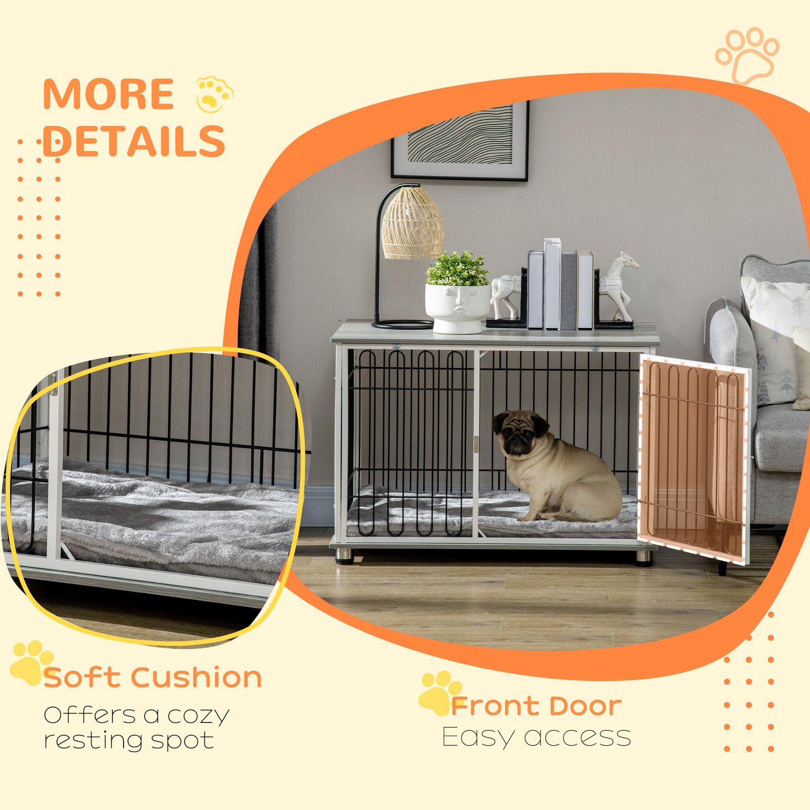 PawHut Indoor Dog Crate Furniture, Side End Table, with Soft Washable Cushion, Lockable Doors, for Small and Medium Dogs - Image 6