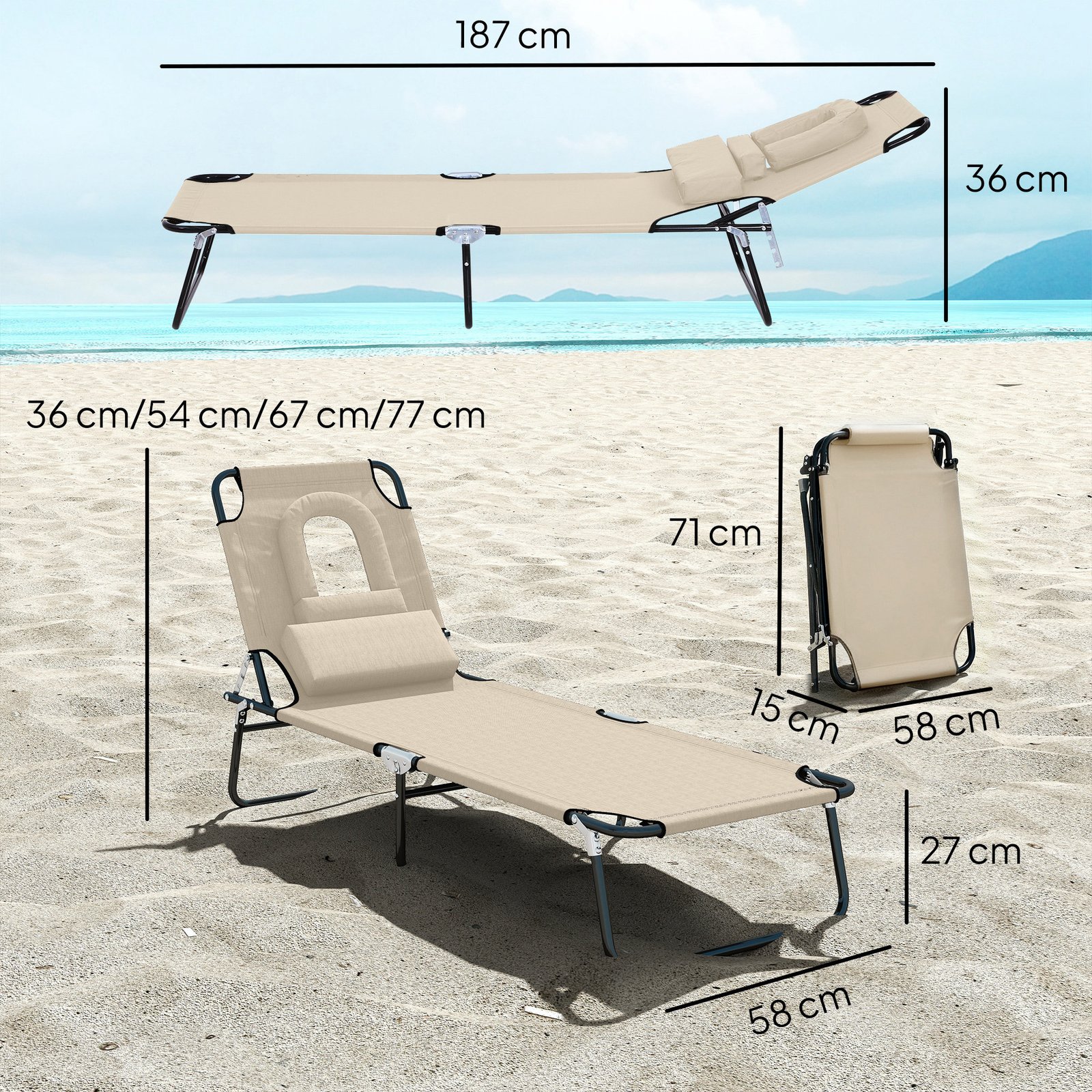 Outsunny Folding Sun Lounger with Face Hole, 4-Position Adjustable Backrest Garden Recliner Chair Sunbed, Outdoor Lounge Chair with 600 D Oxford Cloth Seat, Pillow for Beach, Beige - Image 3
