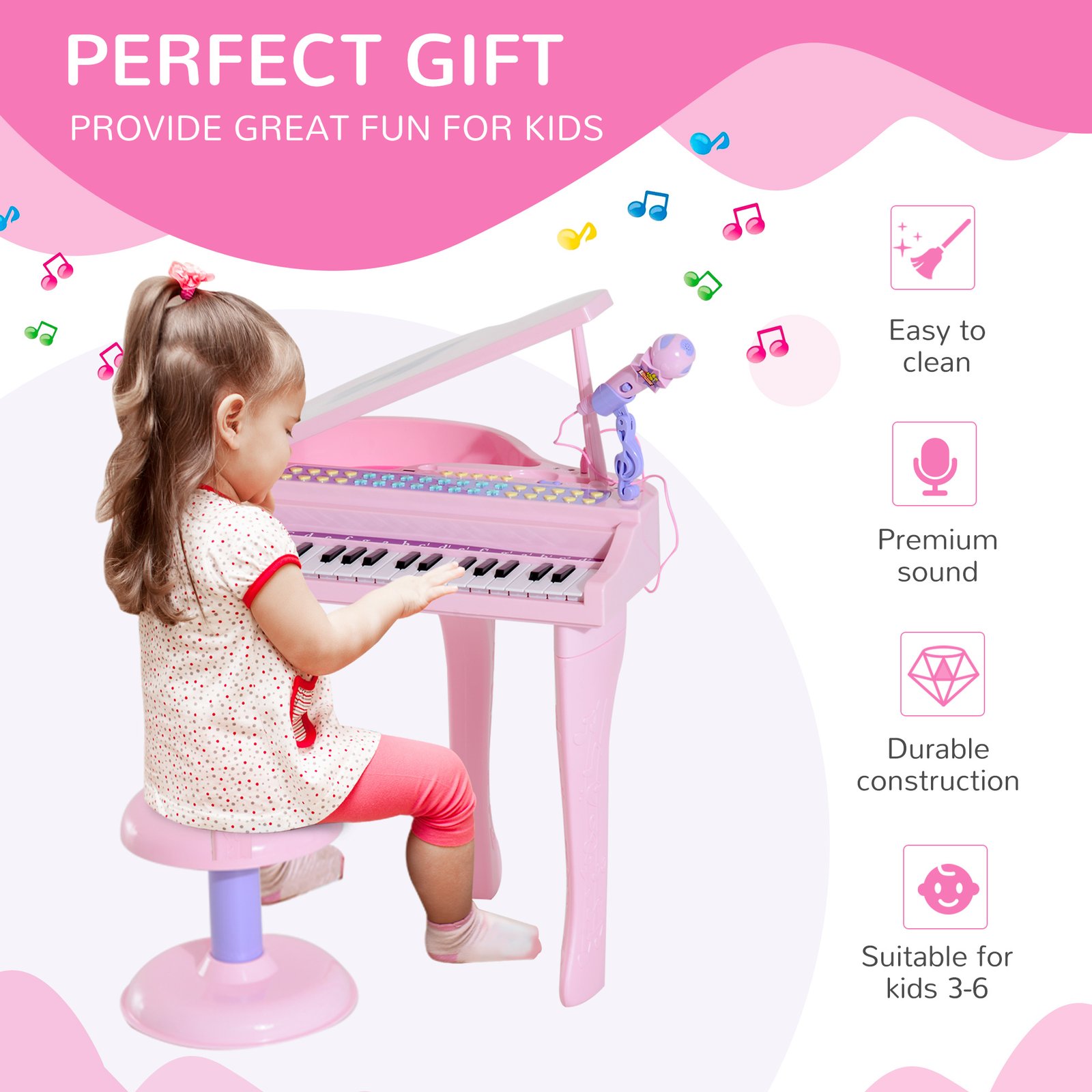 HOMCOM 37 Keys Kids Mini Electronic Keyboard Children Grand Piano with Stool Microphone Light Musical Instrument Educational Game Toy Set (Pink) - Image 4