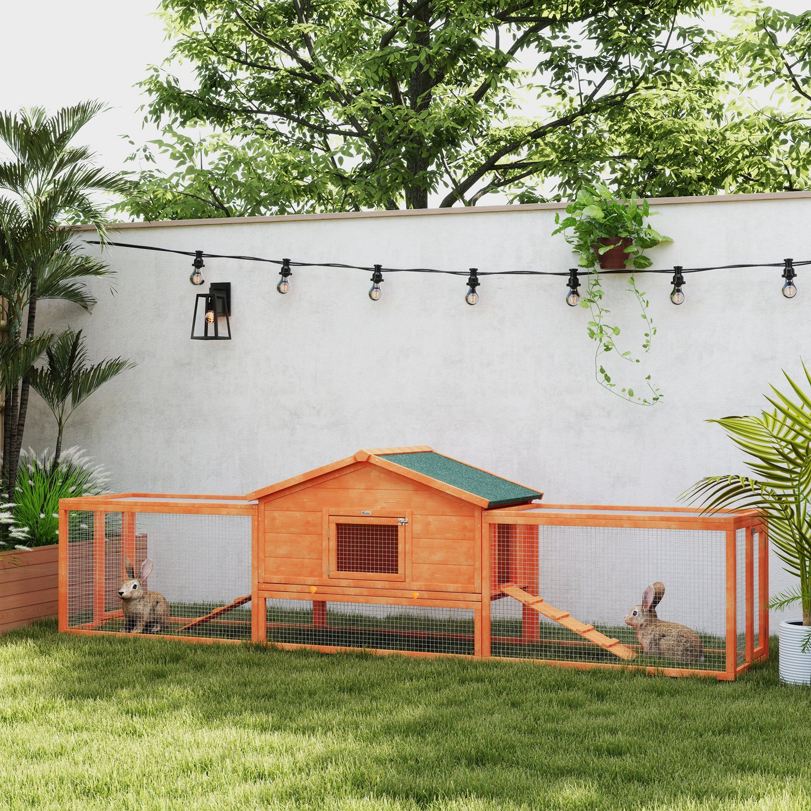 PawHut Wooden Rabbit Hutch with Run, Tray, Ramps, Asphalt Roof, 309 x 70 x 87cm, Orange - Image 2