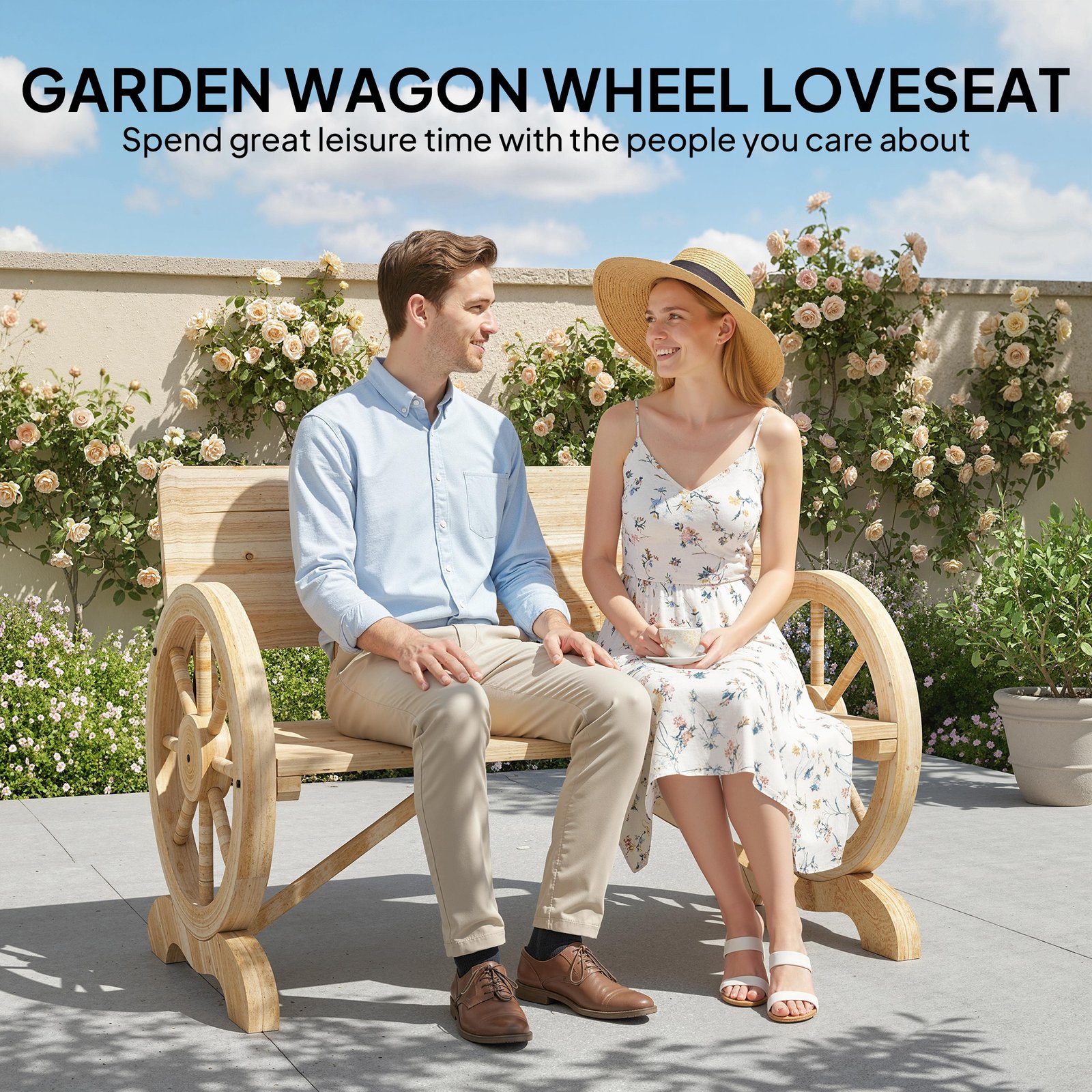 Outsunny Fir Wood 2-Seater Outdoor Garden Wagon Wheel Bench, Natural Wood Finish - Image 6