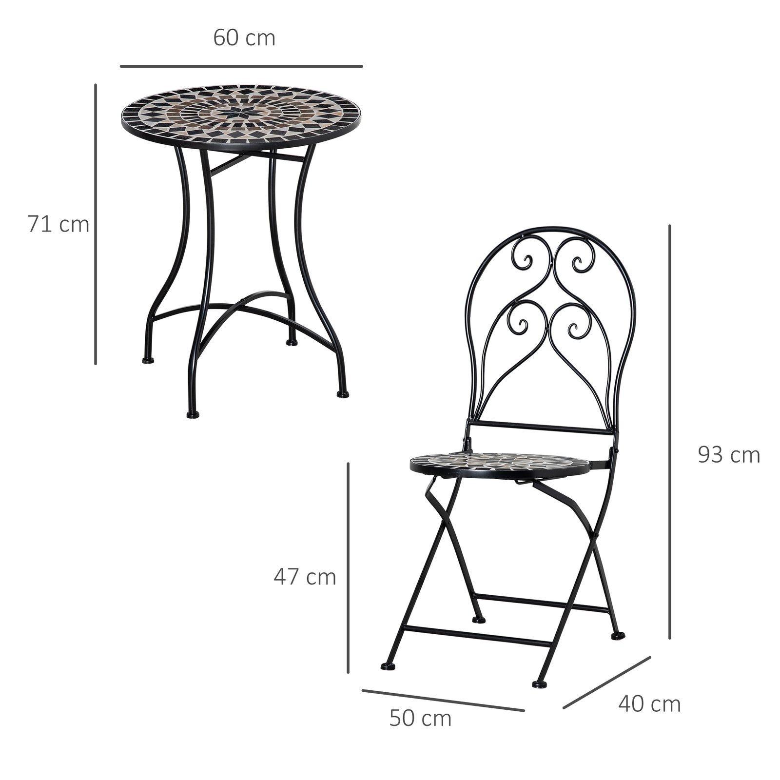 Outsunny 3 Pieces Garden Bistro Set with Coffee Table and 2 Folding Single Chairs, Mosaic Garden Table Top and Seats, Metal Frame, for Patio Balcony, Black - Image 3