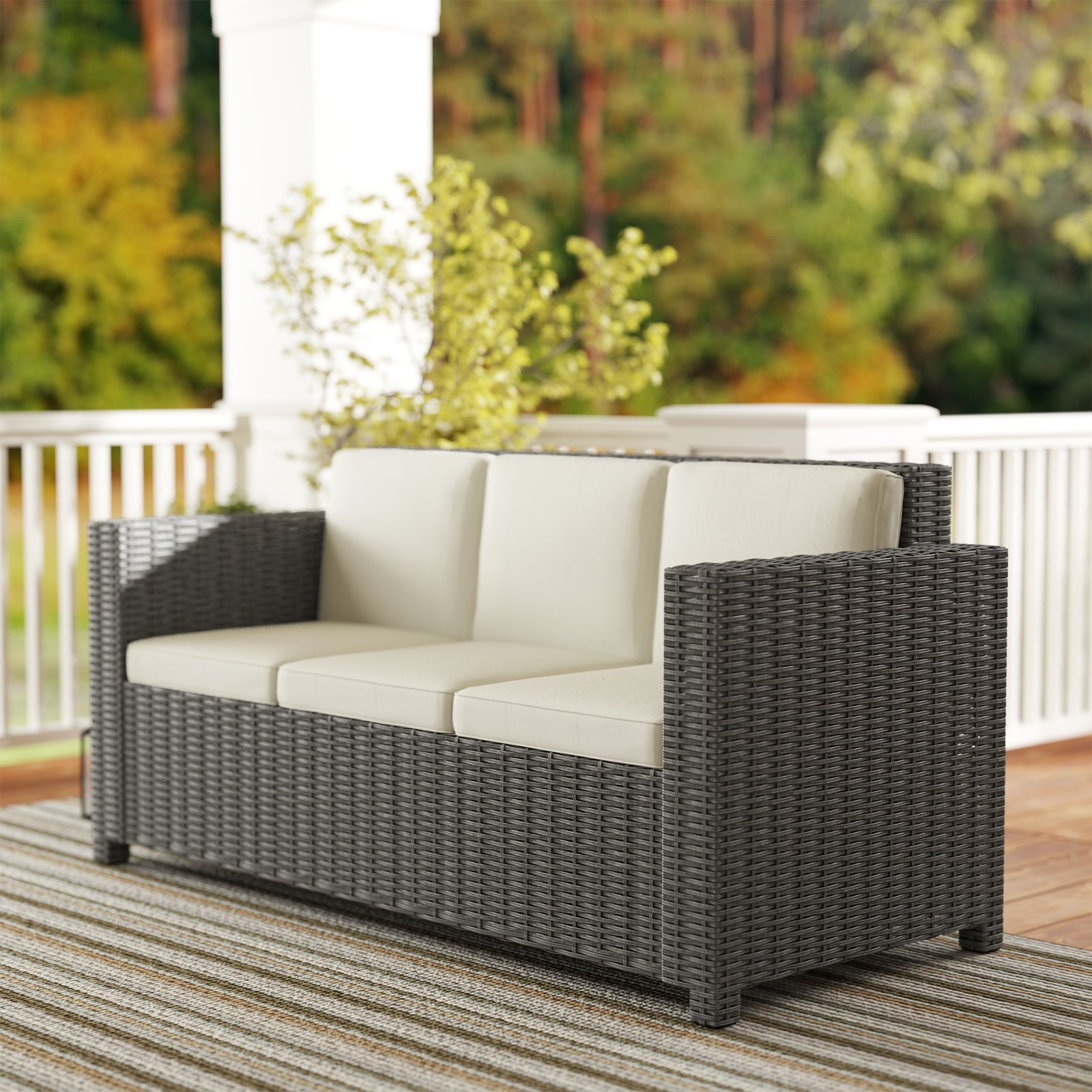 Outsunny 3 Seater Rattan Sofa All-Weather Wicker Weave Metal Frame Chair with Fire Resistant Cushio-Cream - Image 8