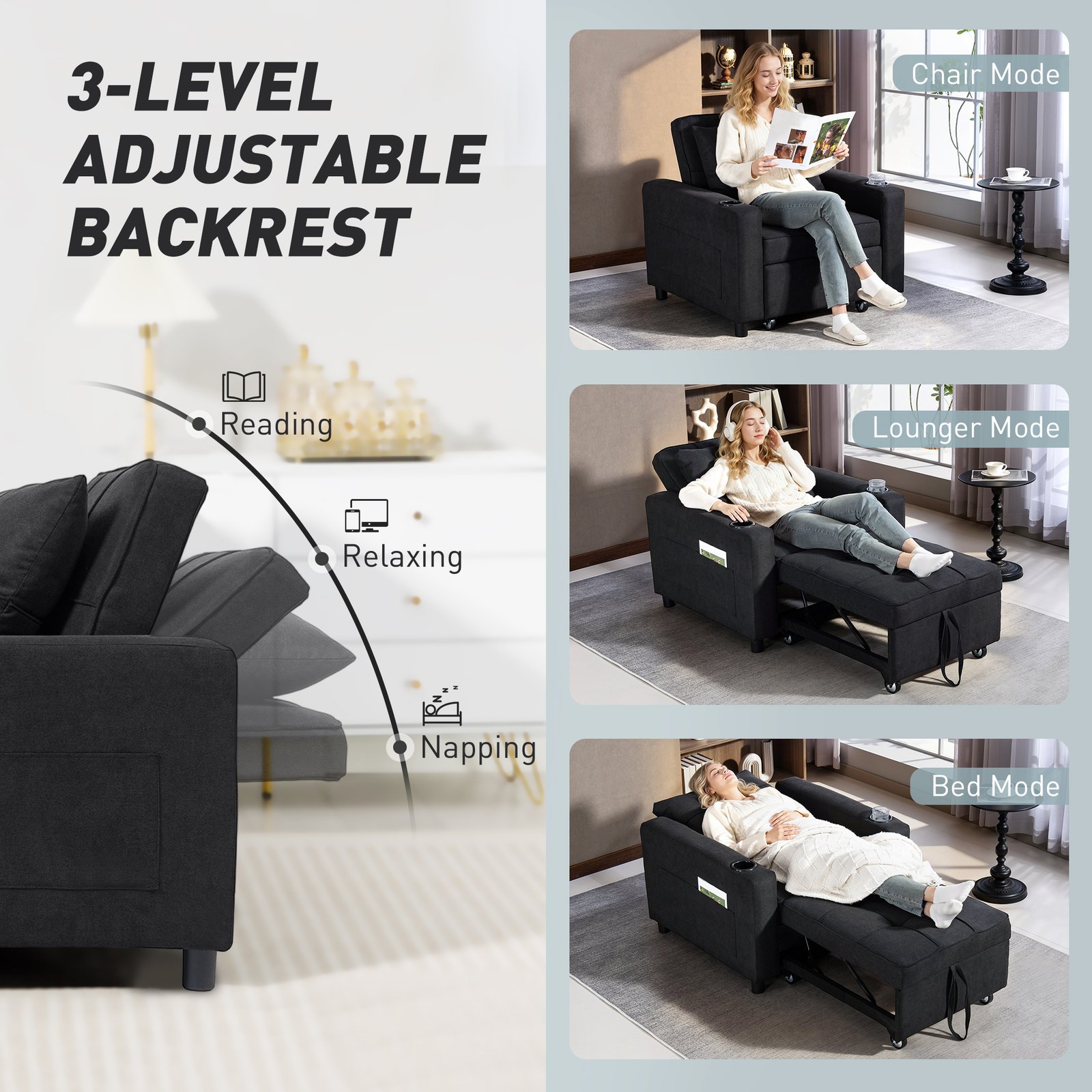 HOMCOM 3-in-1 Single Sofa Bed, Convertible Sleeper Chair Bed - Black - Image 5
