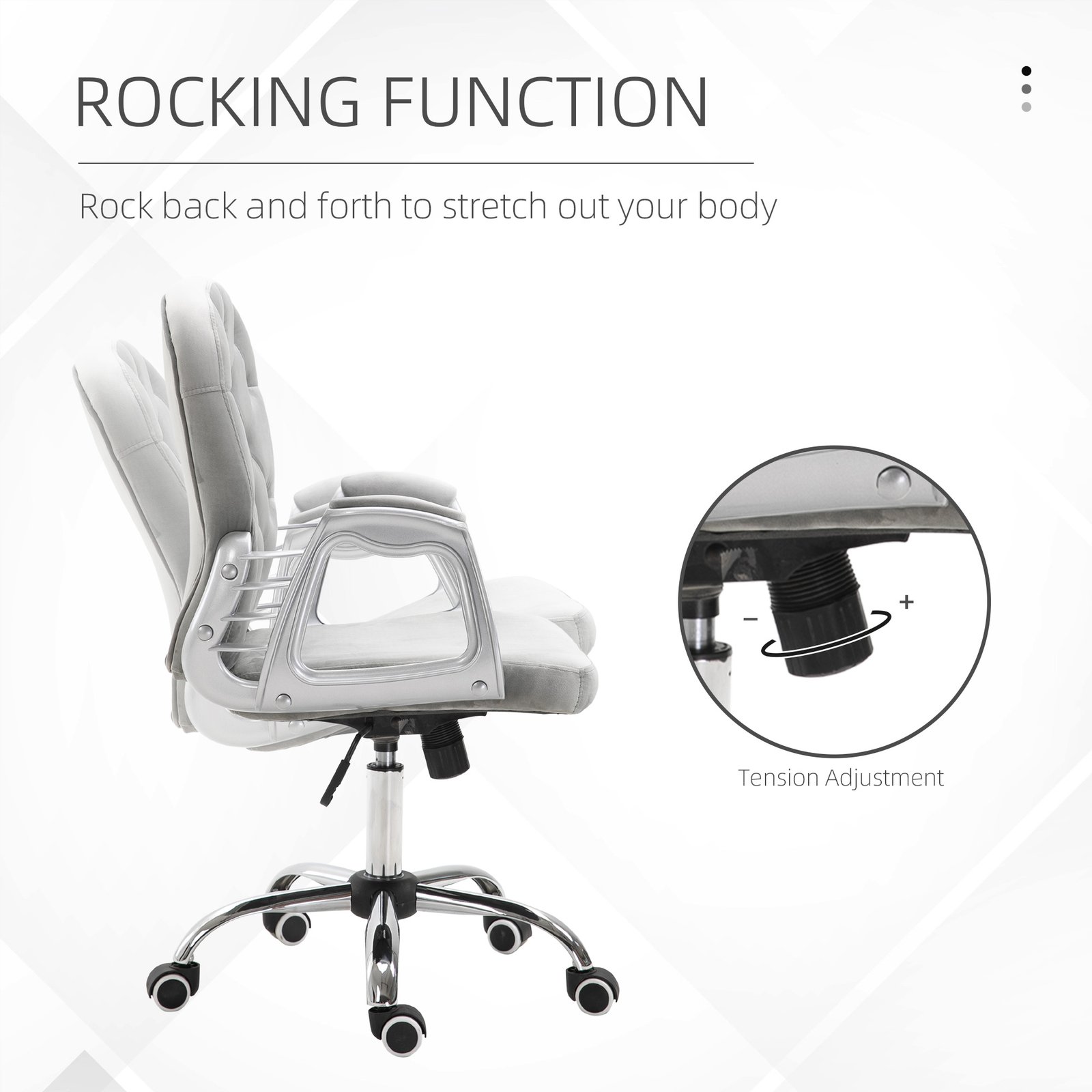 Vinsetto Office Chair, Swivel Desk Chair, Velvet Vanity Chair with Adjustable Height and Rolling Wheels for Home Work Study, Grey - Image 5
