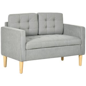 HOMCOM 2 Seater Storage Sofa, Fabric Couch with Hidden Under Seat Storage, Thick Cushions, Compact Space Saving Settee with Rubberwood Legs for Living Room, Apartment, Light Grey